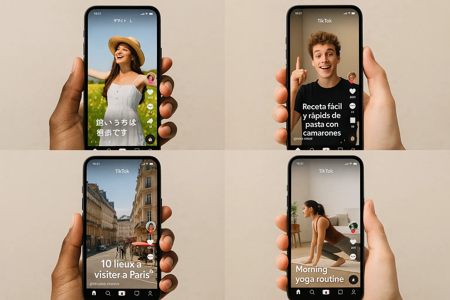 A collage of smartphones displaying TikTok feeds in different languages—one phone shows Japanese captions, another Spanish, another French, all held by diverse hands. Each screen features content adapted to its locale, illustrating the power of proper localization.