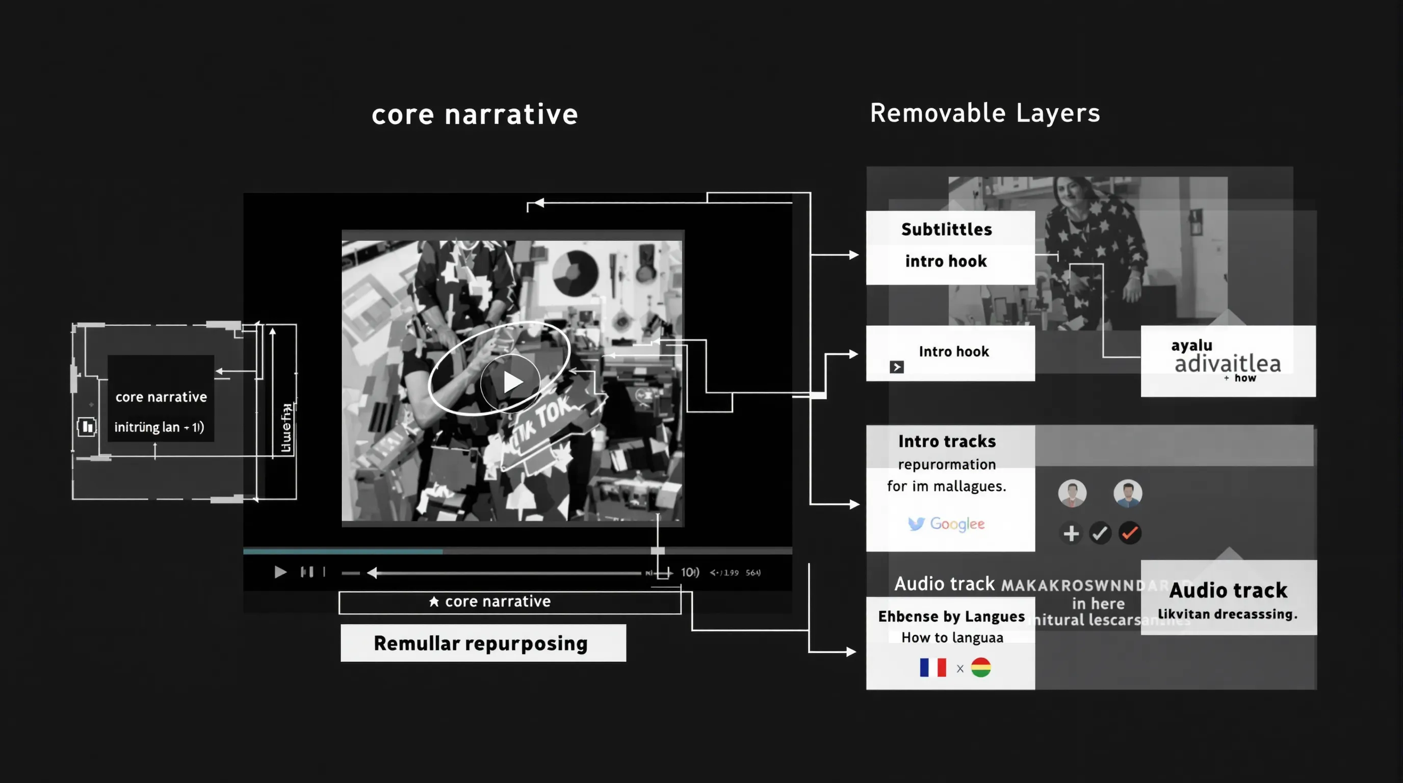 A split-screen storyboard shows a central video frame labelled “core narrative” surrounded by removable layers—subtitles, intro hook, audio track—in different languages, illustrating the modular repurposing workflow for TikTok.