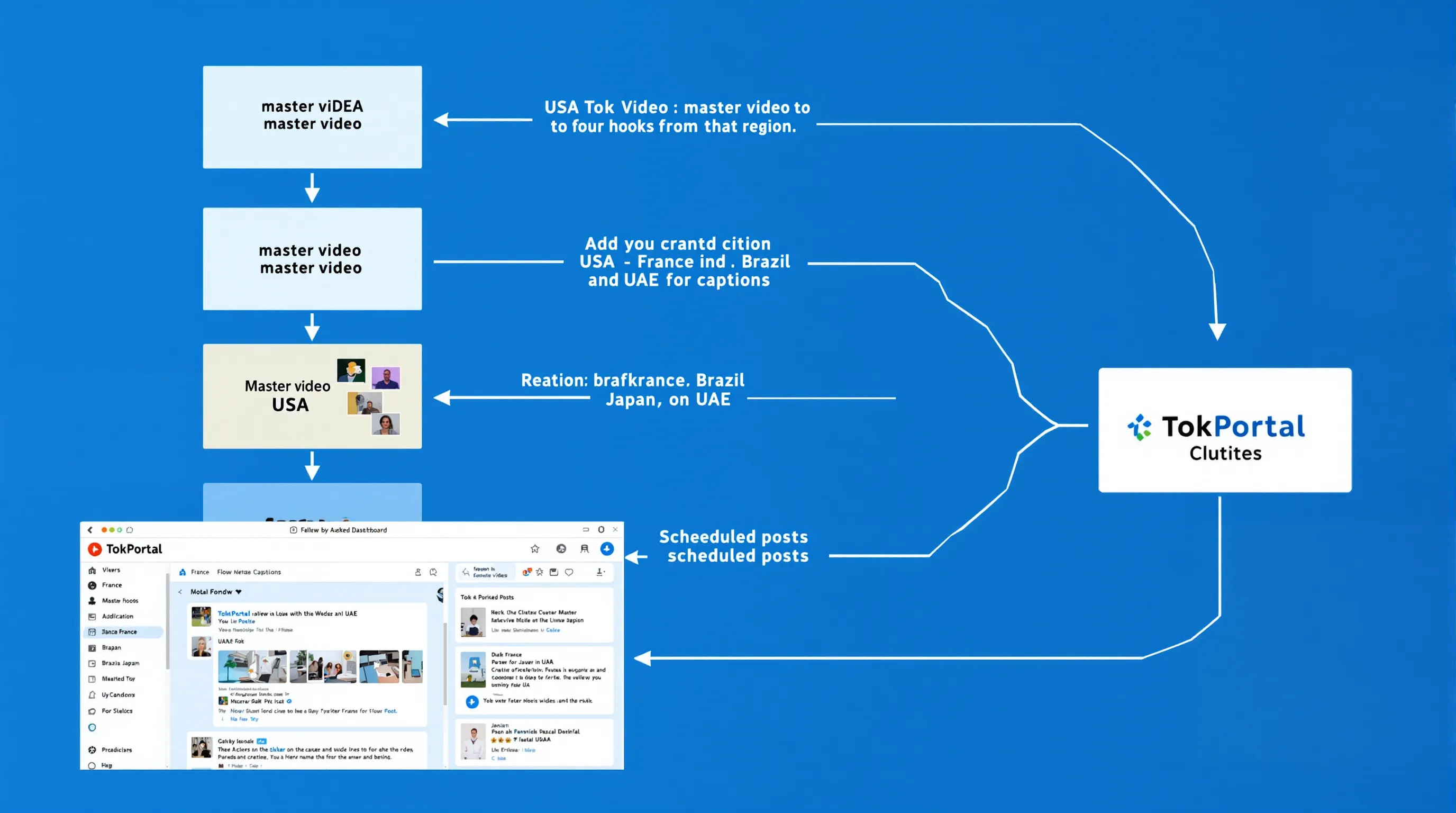 Flow diagram showing the path from one master video through branches labelled USA, France, Brazil, Japan, and UAE, each with unique hooks and captions, ending at the TokPortal dashboard interface with scheduled posts.