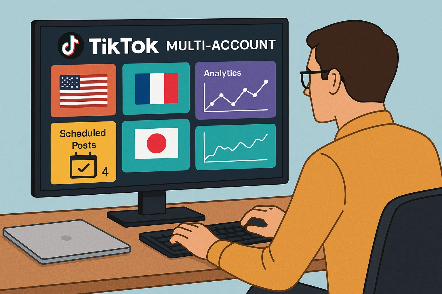 A marketer sits at a desk with a large monitor displaying a multi-account TikTok dashboard. Colored panels show different country flags, scheduled posts, and real-time analytics graphs. A second laptop on the desk is closed, emphasizing that all work happens on one screen.