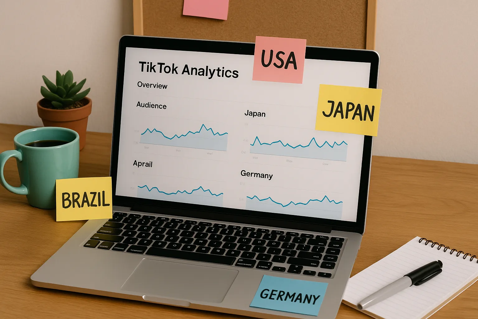 A creator’s workspace: a laptop displaying a TikTok analytics dashboard with graphs for different countries, surrounded by sticky notes labeled Brazil, USA, Japan, and Germany. The scene conveys analyzing global performance.