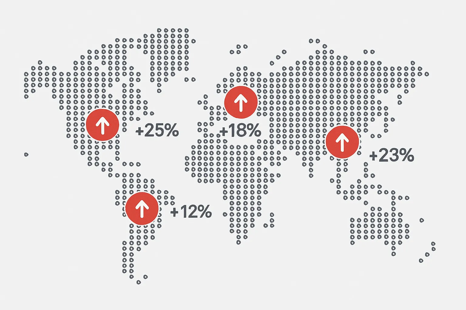 A stylized world map made of small play-button icons, with hotspots over Brazil, USA, India, and France showing upward arrows and percentage metrics.