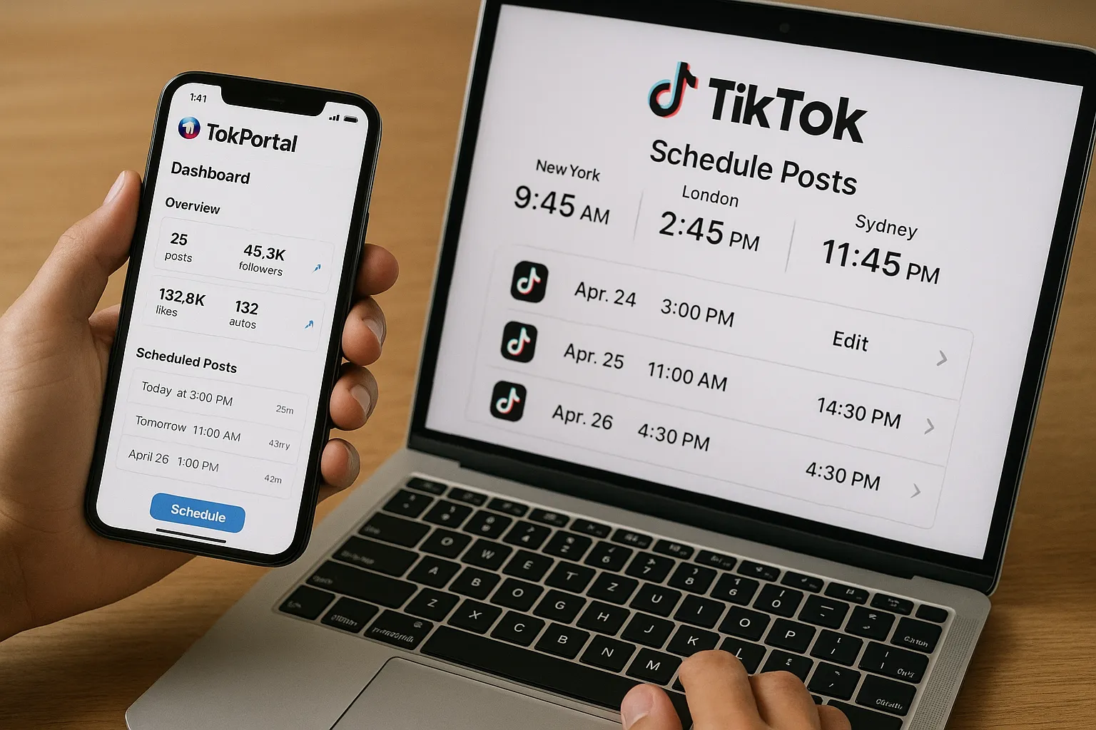 A content creator schedules multiple TikTok posts on a laptop showing three time zones while holding a smartphone displaying TokPortal’s dashboard interface.