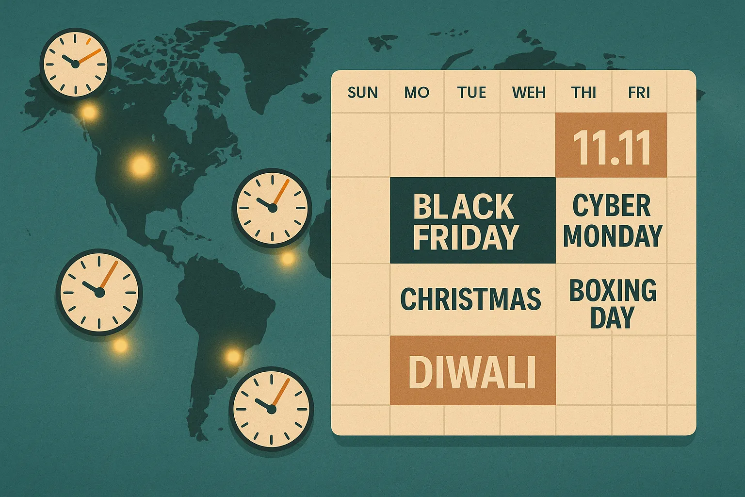A stylised world map overlaid with a calendar showing key shopping dates: 11.11, Black Friday, Cyber Monday, Christmas, Boxing Day and Diwali. Small clocks illustrate different time zones lighting up as the dates approach.