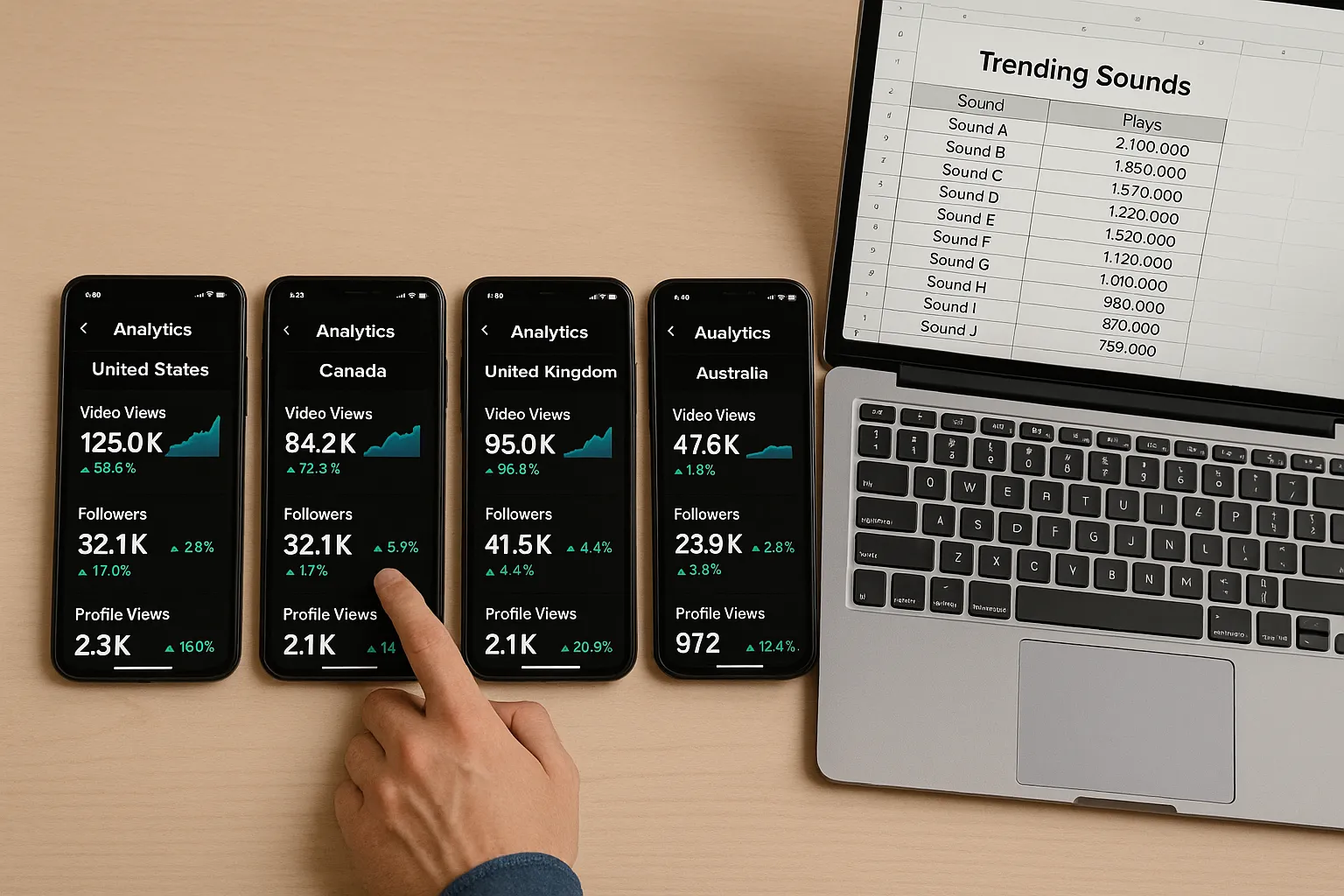 A marketer monitors multiple smartphones on a desk, each showing TikTok analytics dashboards for different countries, while a laptop displays a spreadsheet of trending sounds.
