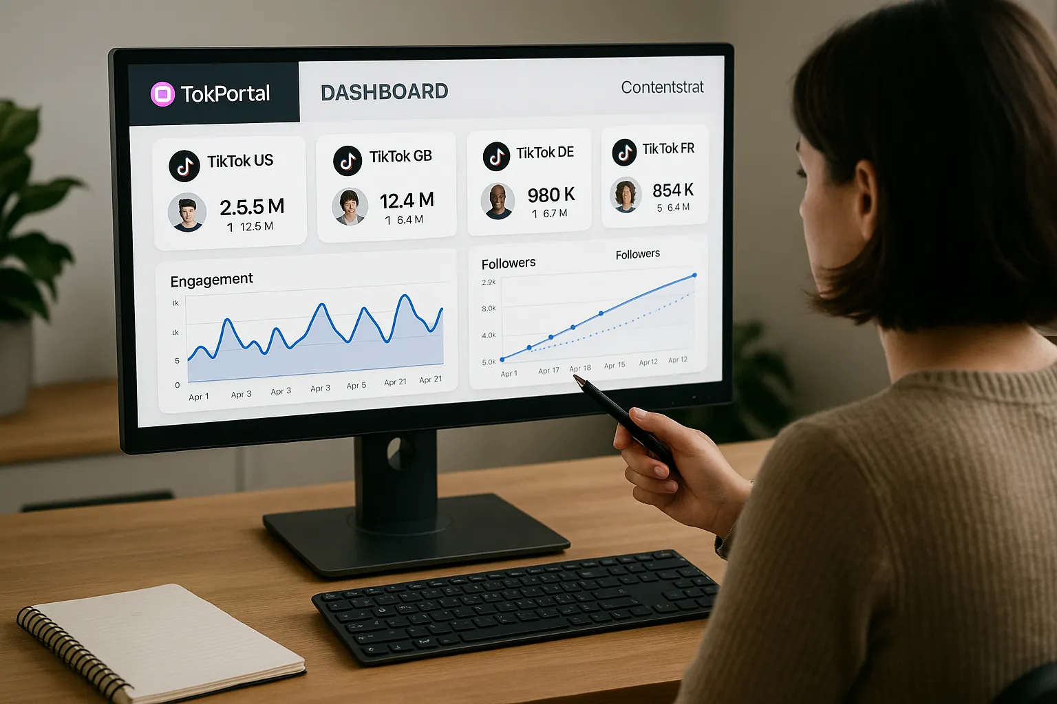 Content strategist reviewing TokPortal dashboard on a desktop monitor showing multiple regional TikTok accounts and engagement graphs.