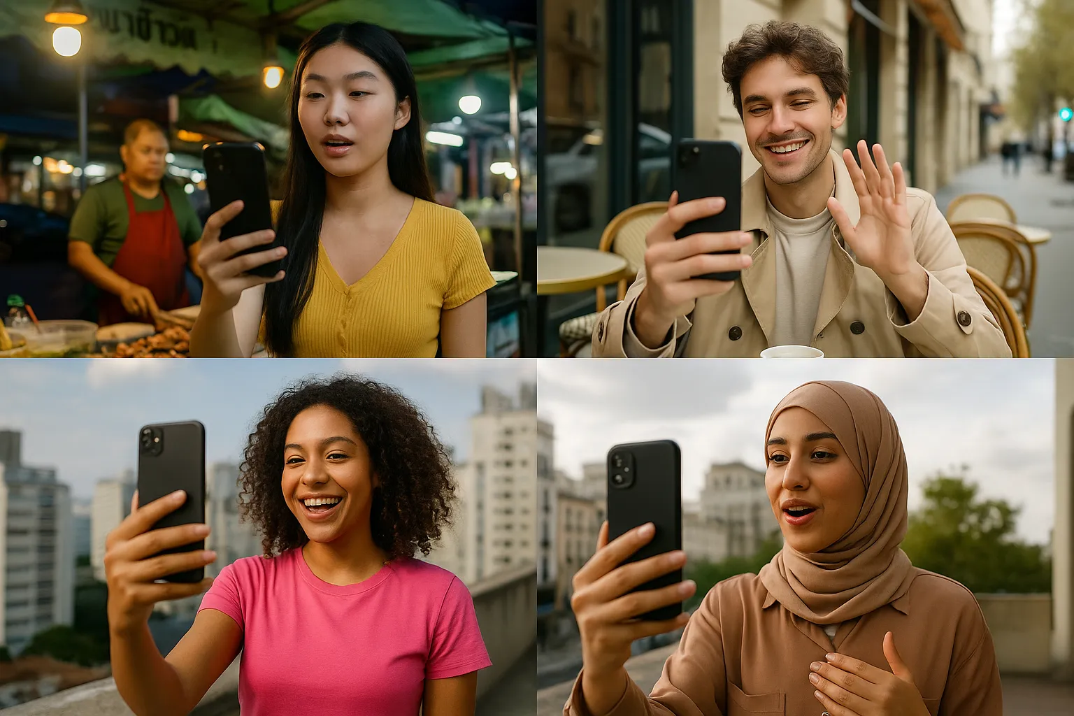 A collage of diverse TikTok creators from different countries recording short videos in their native environments—street food stall in Bangkok, café terrasse in Paris, rooftop in São Paulo—each holding a smartphone in portrait orientation.