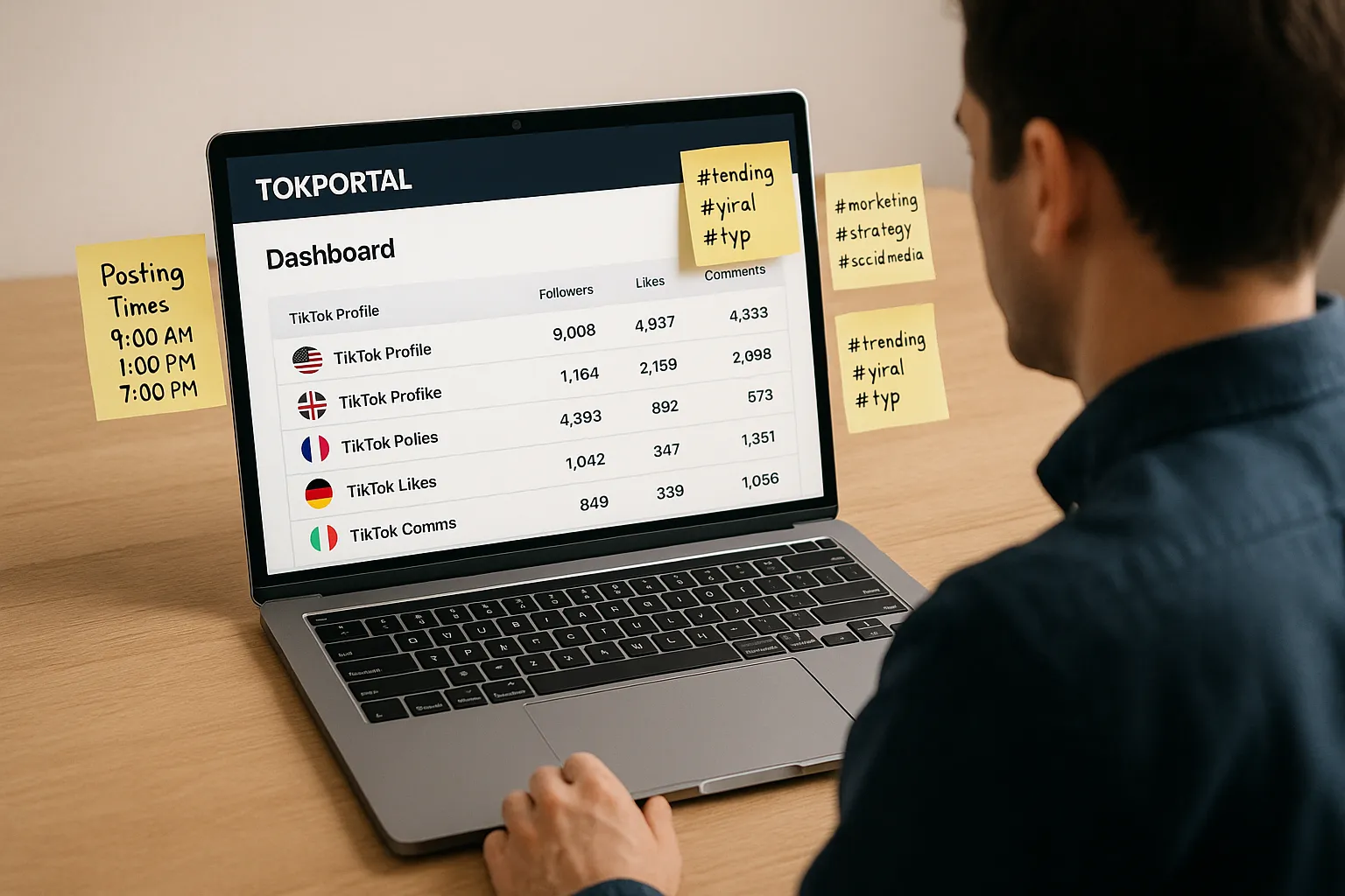 A marketer sitting at a desk with a laptop displaying TokPortal's dashboard. The screen shows multiple country flags next to TikTok profile stats. Sticky notes around the monitor list posting times and trending hashtags.