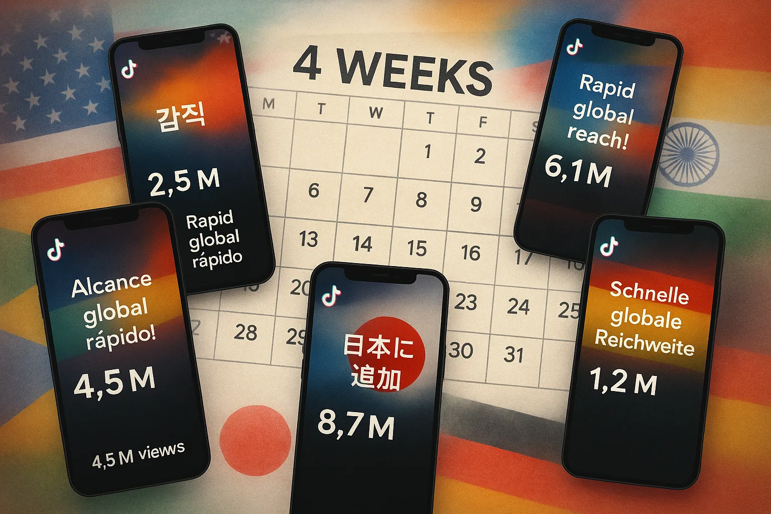 A dynamic collage of TikTok screens in multiple languages, each showing high view counts, with a calendar overlay marking four weeks. The background features subtle national flags blending into each other, symbolizing rapid global reach.