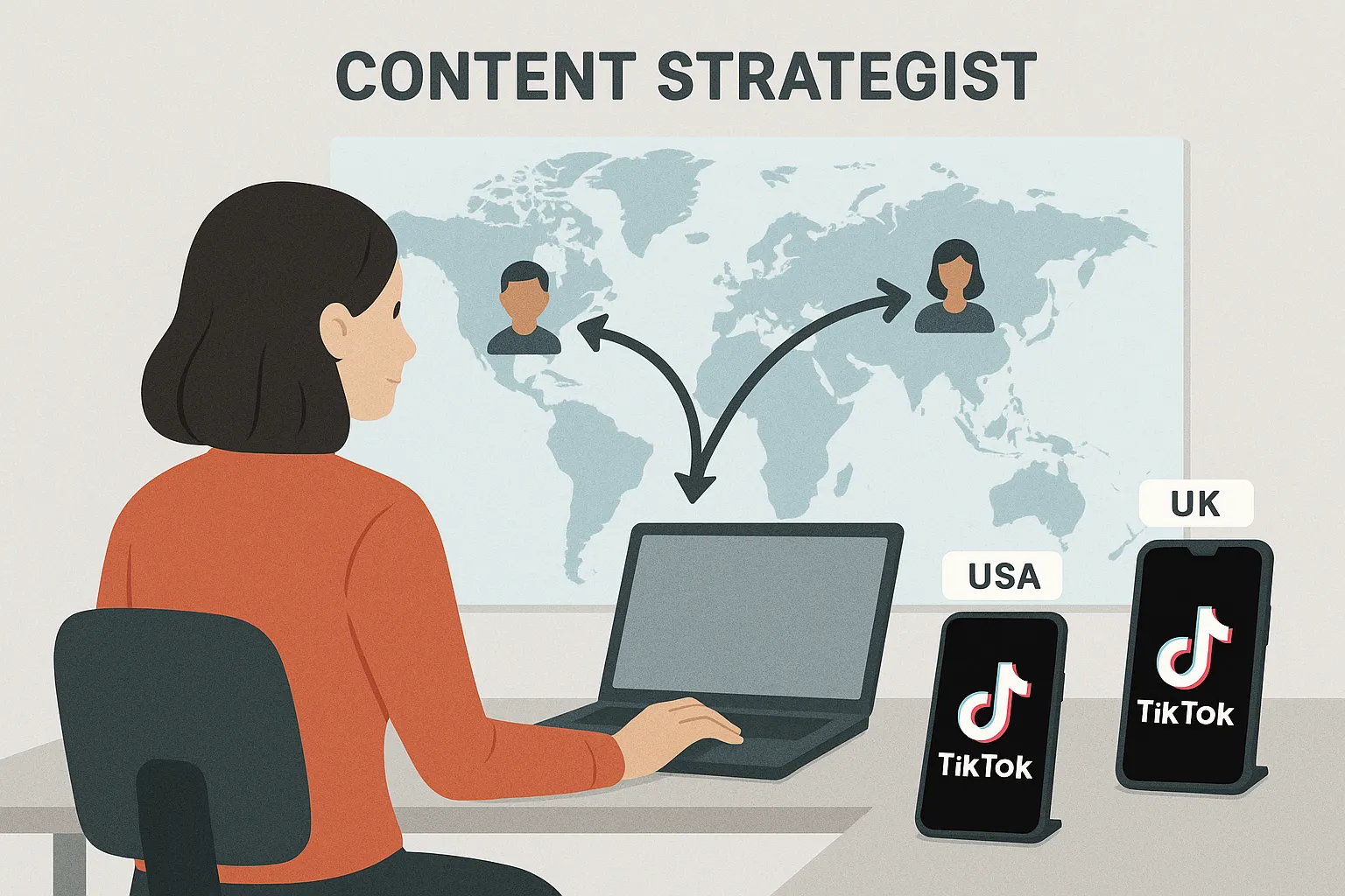 A content strategist sits at a desk with two smartphones labeled USA and UK TikTok accounts. A world map on the wall shows arrows pointing from one marketer to localized audiences, illustrating easy management of multiple regional accounts through a single dashboard.