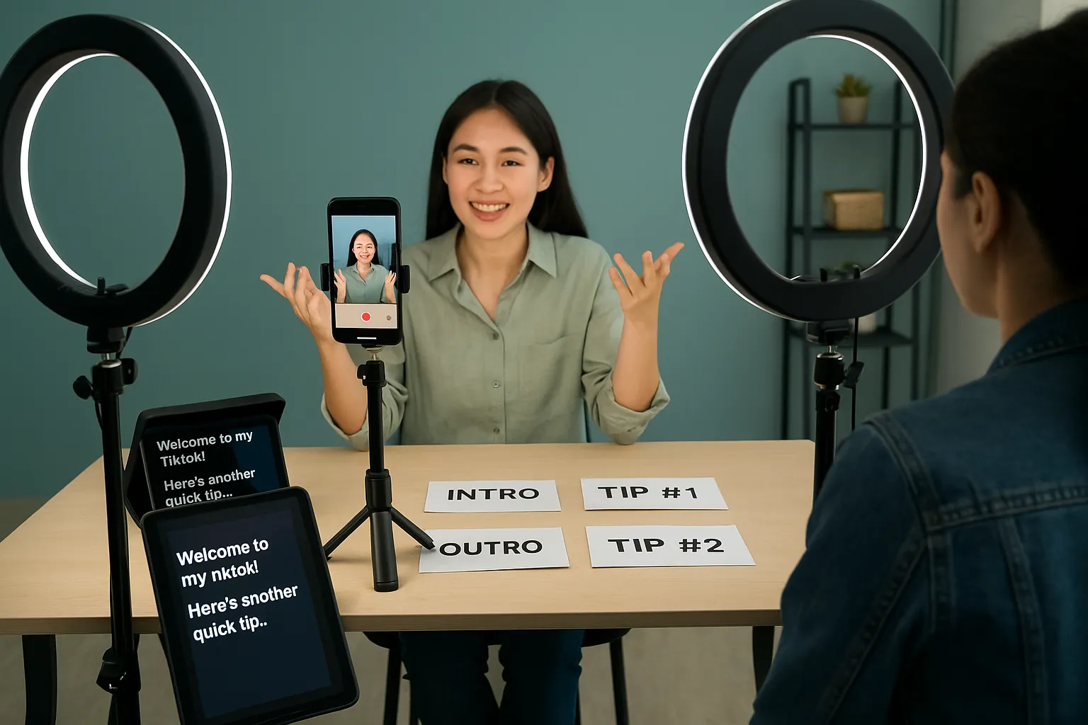 A behind-the-scenes view of a small video studio where a content team is filming multiple TikTok clips in one day, with ring lights, a smartphone on a tripod, a teleprompter app and a table full of labeled script cards.