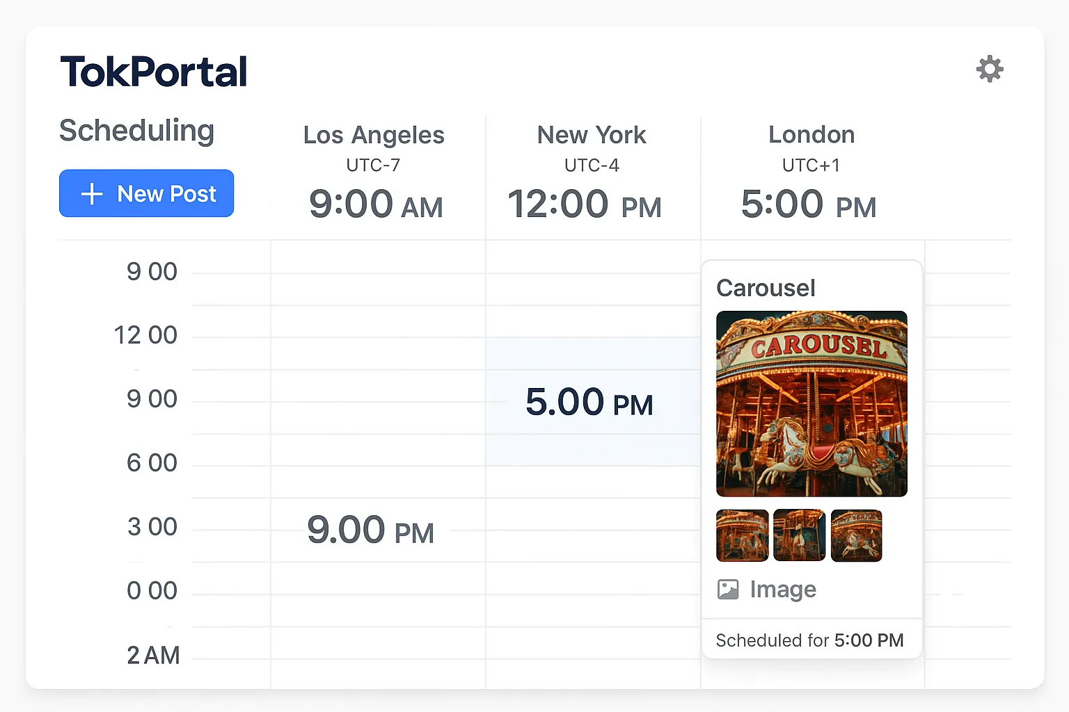 TokPortal scheduling interface showing multiple time-zones side by side, with carousel thumbnails queued for release.
