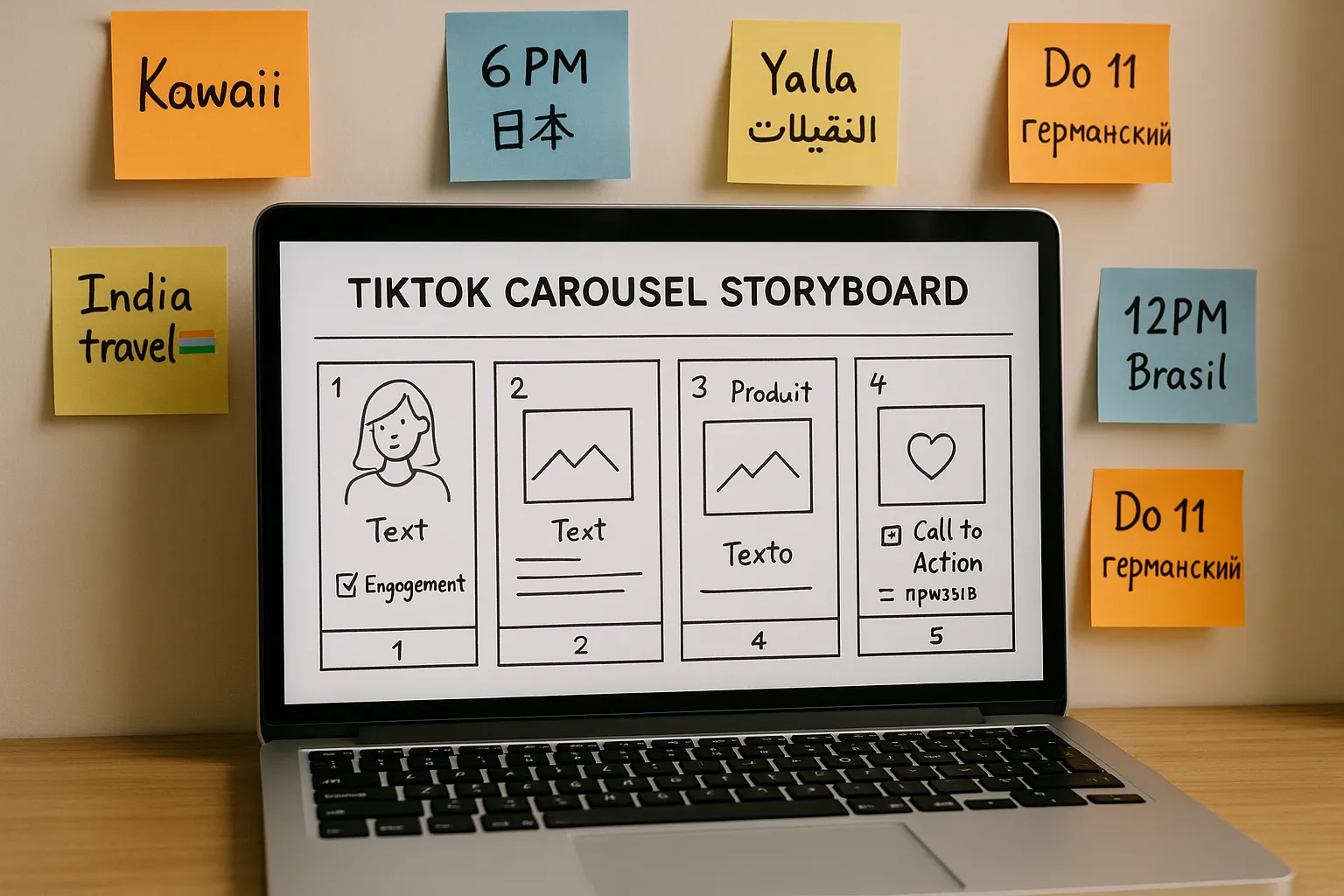 Designer’s laptop displaying a TikTok carousel storyboard with notes in multiple languages, surrounded by sticky notes referencing regional trends and posting times.