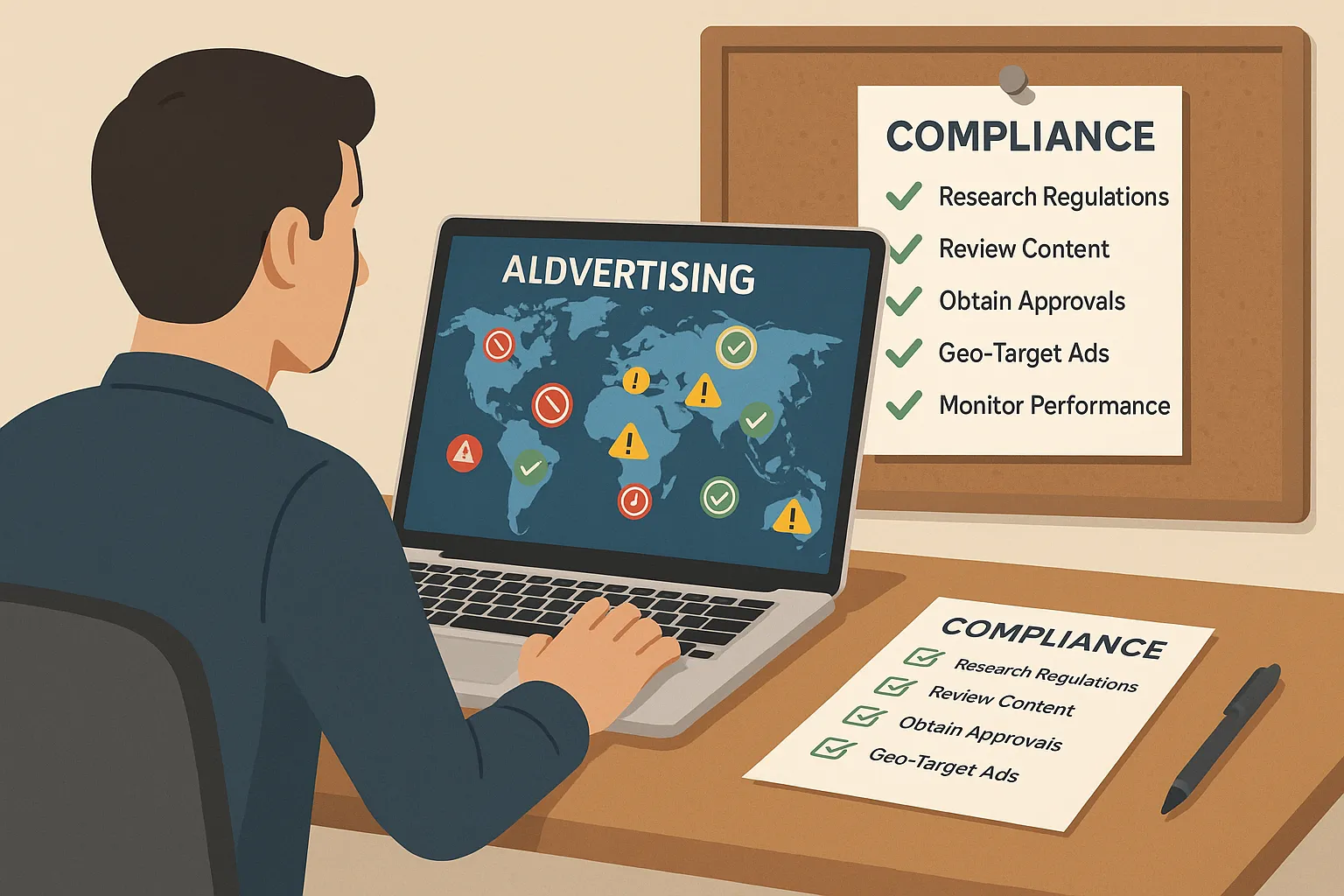 A marketer sits at a desk viewing a world map on a laptop screen, each country highlighted with icons indicating different advertising regulations, while a checklist of compliance steps is pinned to a cork board beside the computer.