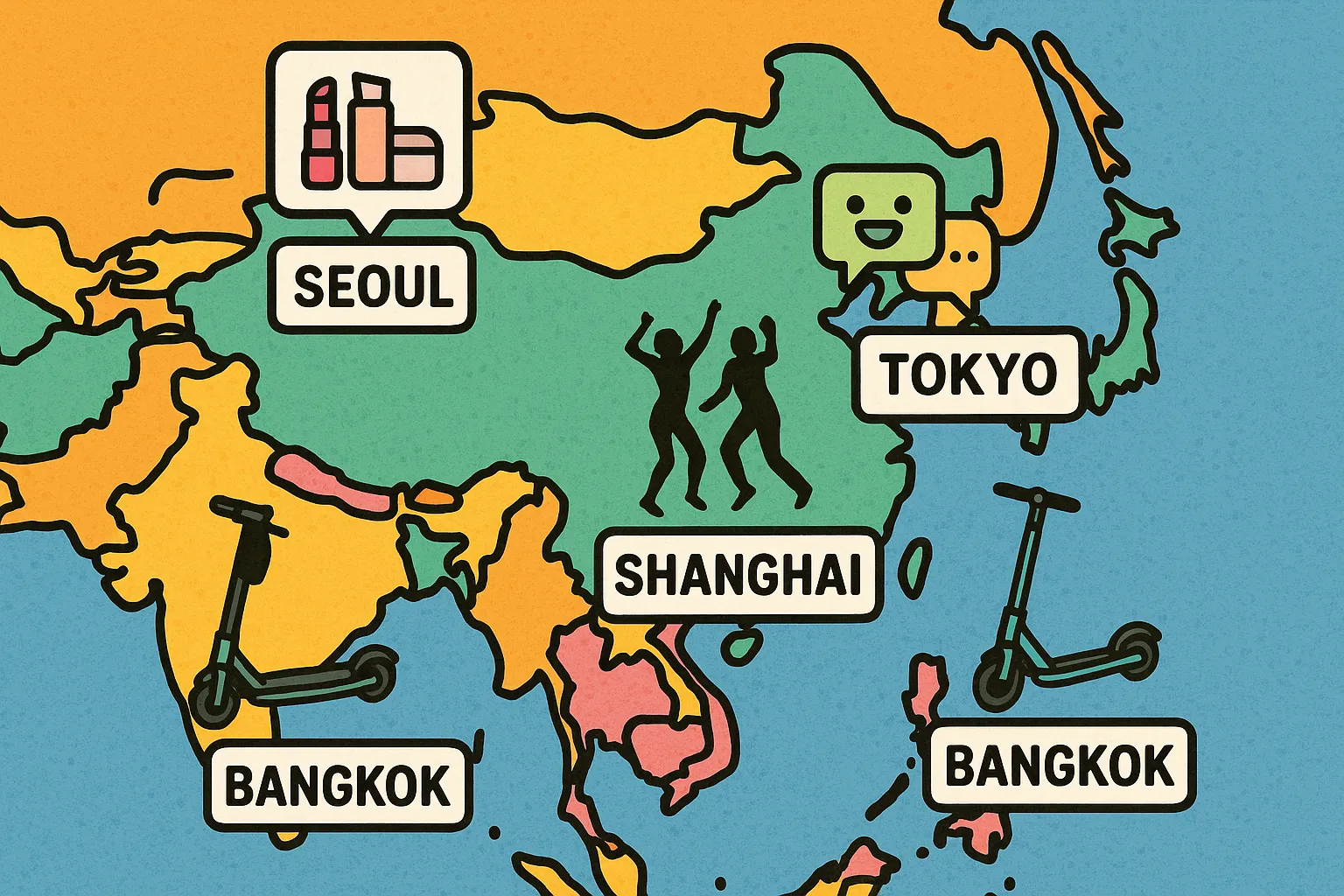 A colorful collage map of Asia highlighting Seoul, Tokyo, Bangkok, and Shanghai with pop-up icons of beauty products, AI chat bubbles, dance silhouettes, and electric scooters.