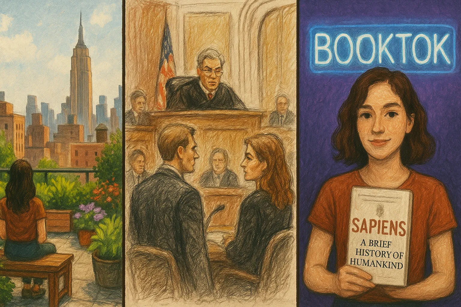Split screen of a New York City rooftop garden, a courtroom sketch filter, and a creator holding a non-fiction book under a neon BookTok sign.