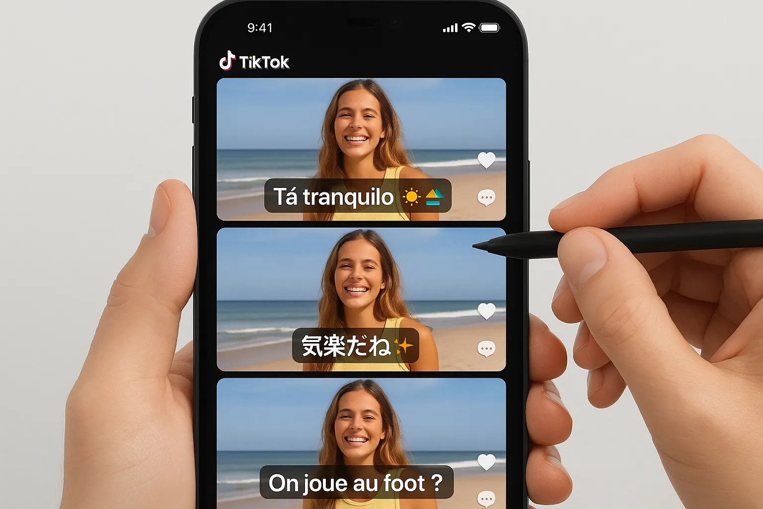 A smartphone screen shows three versions of the same TikTok video stacked vertically. Each version features a unique caption: Brazilian Portuguese slang with beach emojis, Japanese characters with sparkles, and French text with a football reference. A marketer’s hand holds a stylus poised to edit the captions.