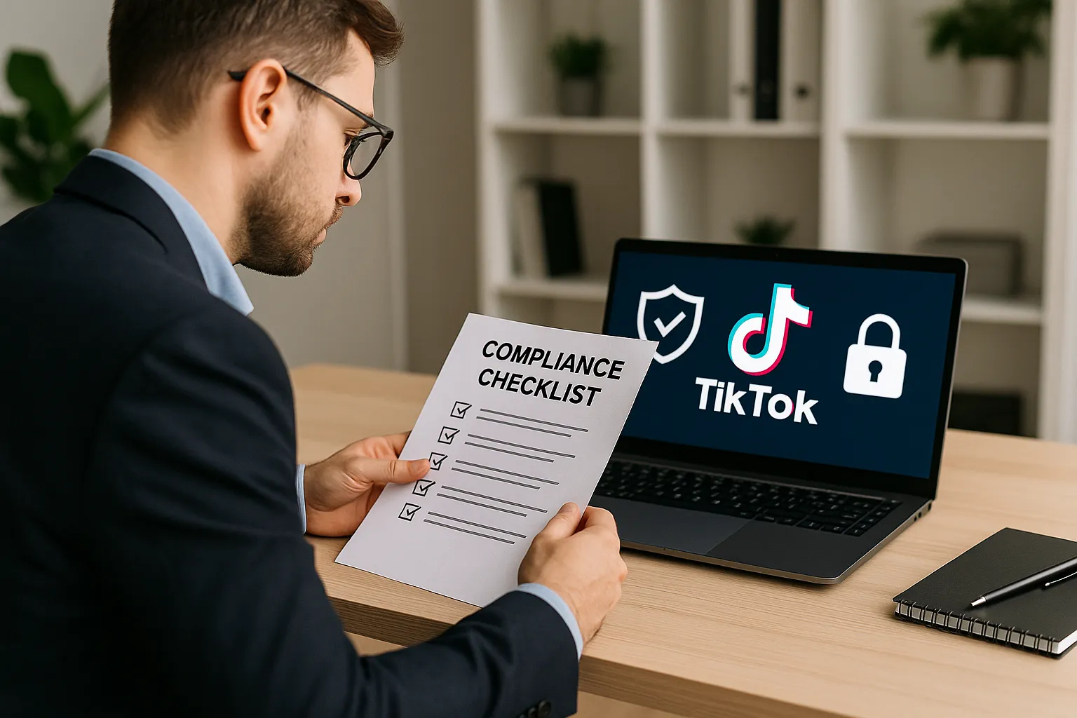 A marketer in an office reviews a printed compliance checklist while a laptop on the desk displays a TikTok dashboard with privacy icons such as a shield and a lock.