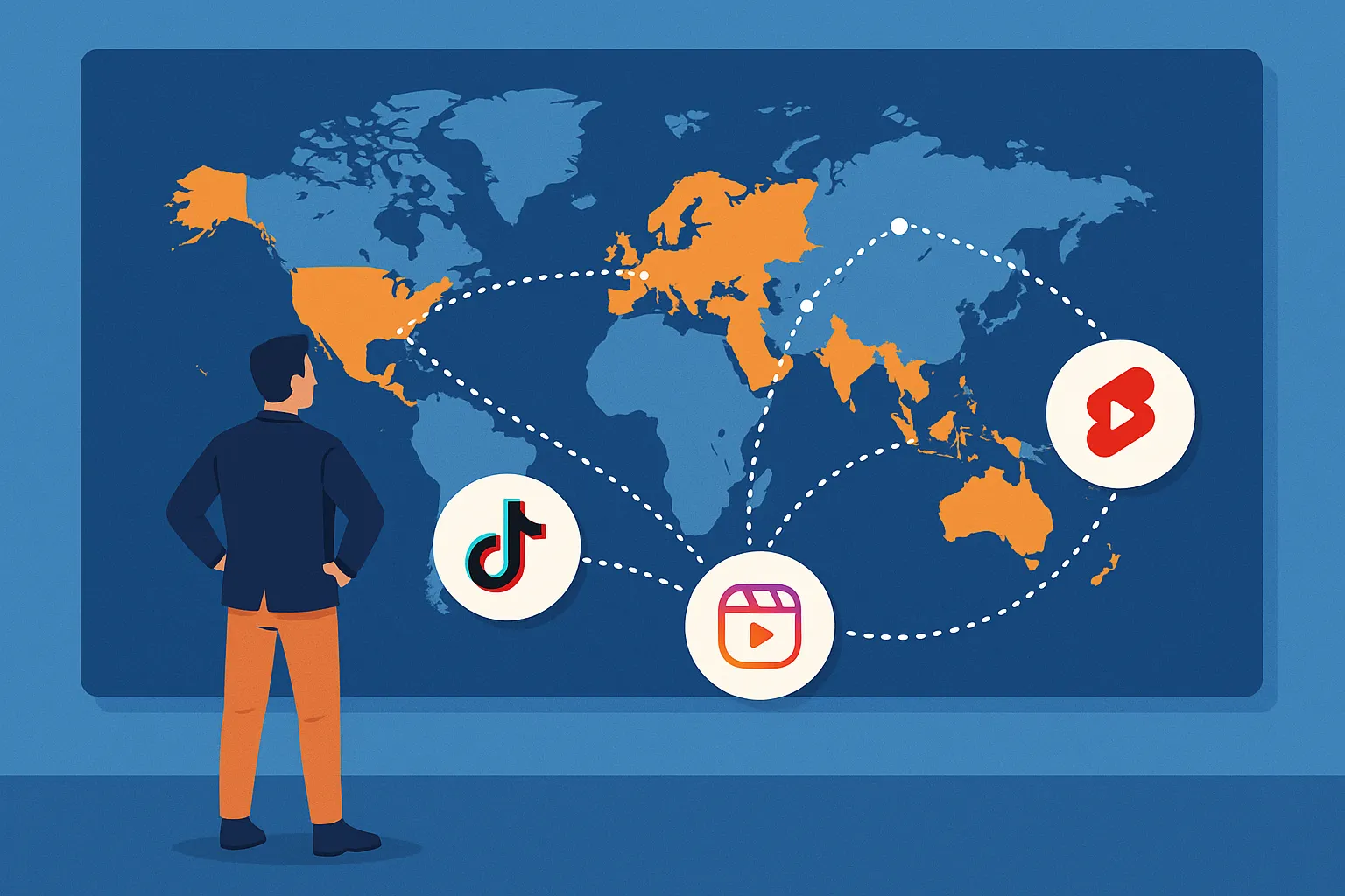 A marketer stands before a large digital world map displaying highlighted regions, connecting lines, and social media icons for TikTok, Reels, and YouTube Shorts, symbolizing a diversified global short-form distribution strategy.