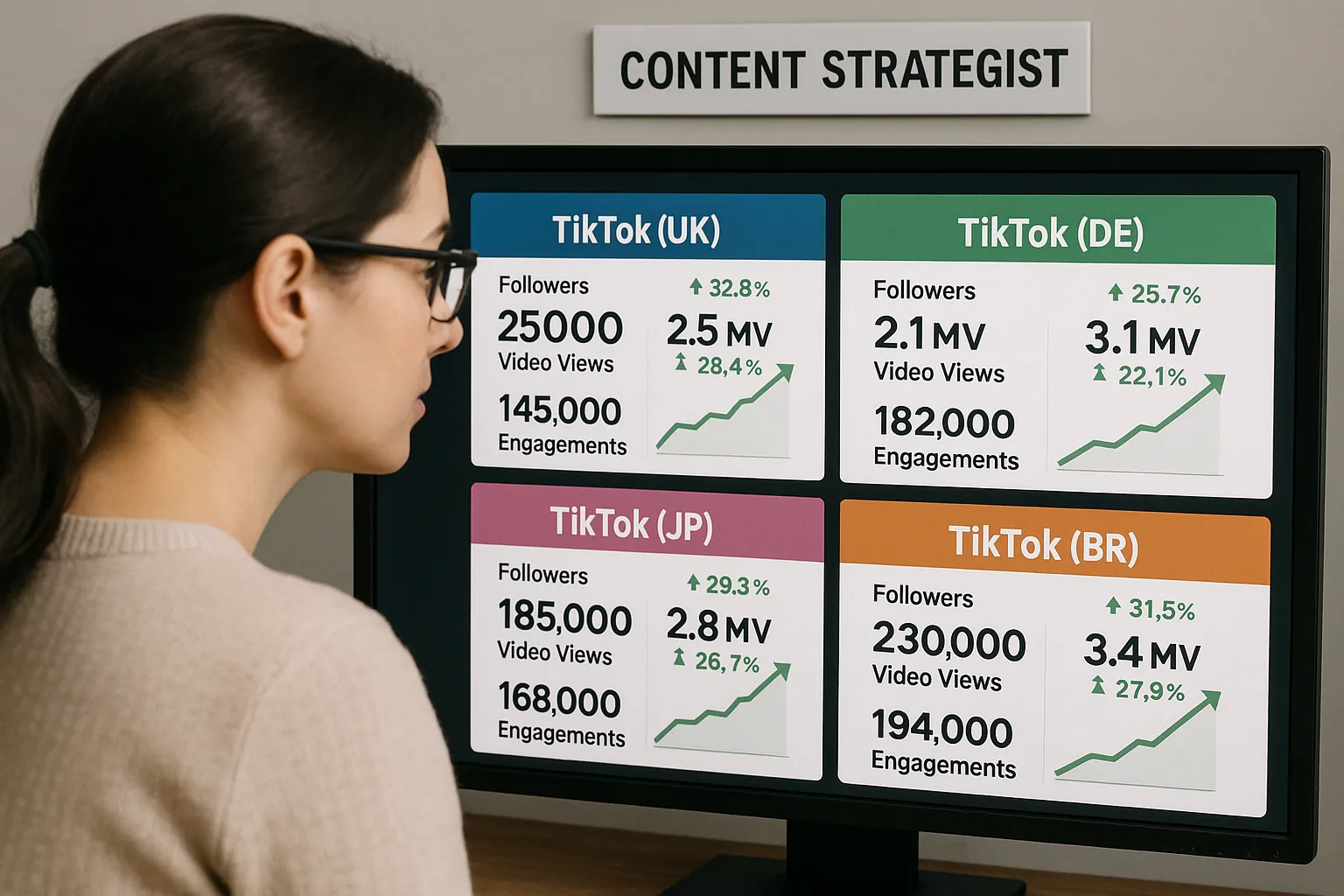 A content strategist reviews analytic dashboards showing multiple localized TikTok accounts with positive growth lines, illustrating successful overseas pilots.