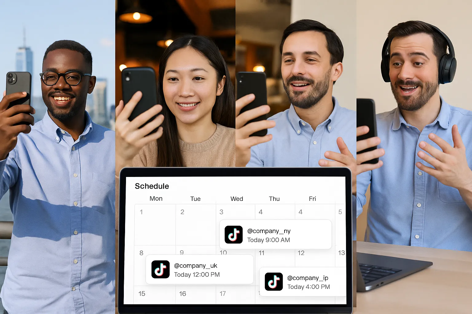 A diverse group of employees in different countries film short vertical videos on their phones—city skyline behind one, a café behind another—while a shared digital dashboard on a laptop shows scheduled TikTok posts for multiple localized accounts.