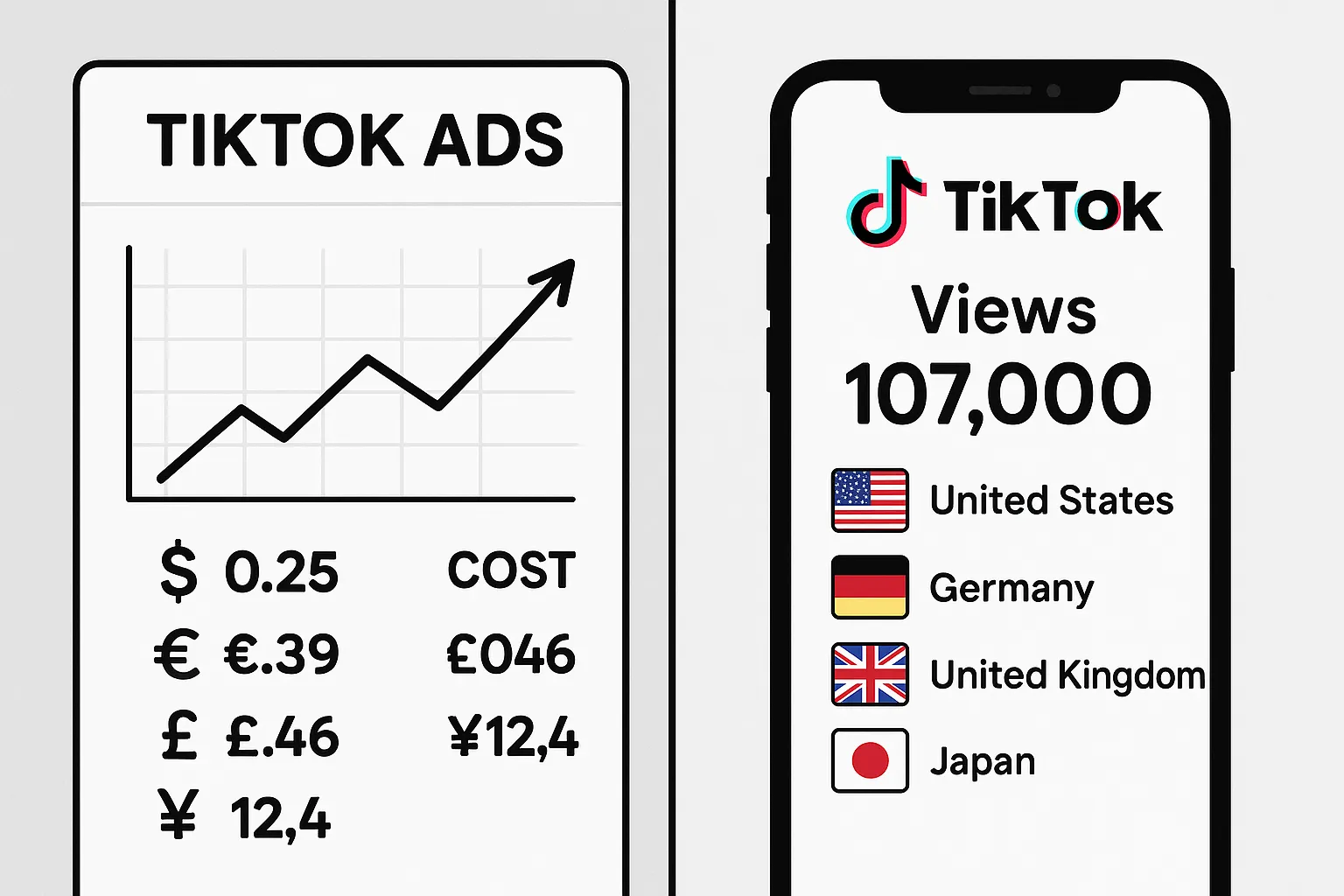 A split-screen graphic: left side shows a TikTok ad dashboard with rising costs in multiple currencies; right side shows a smartphone displaying high organic views obtained in several countries, representing the contrast between paid and organic reach across borders.