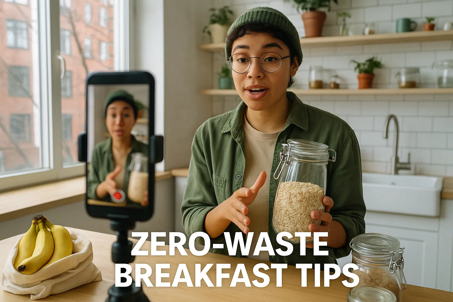 A climate-conscious Gen Z creator recording a TikTok in a bright urban kitchen, holding a reusable glass jar of oats and explaining zero-waste breakfast tips while a smartphone on a tripod captures the scene vertically.