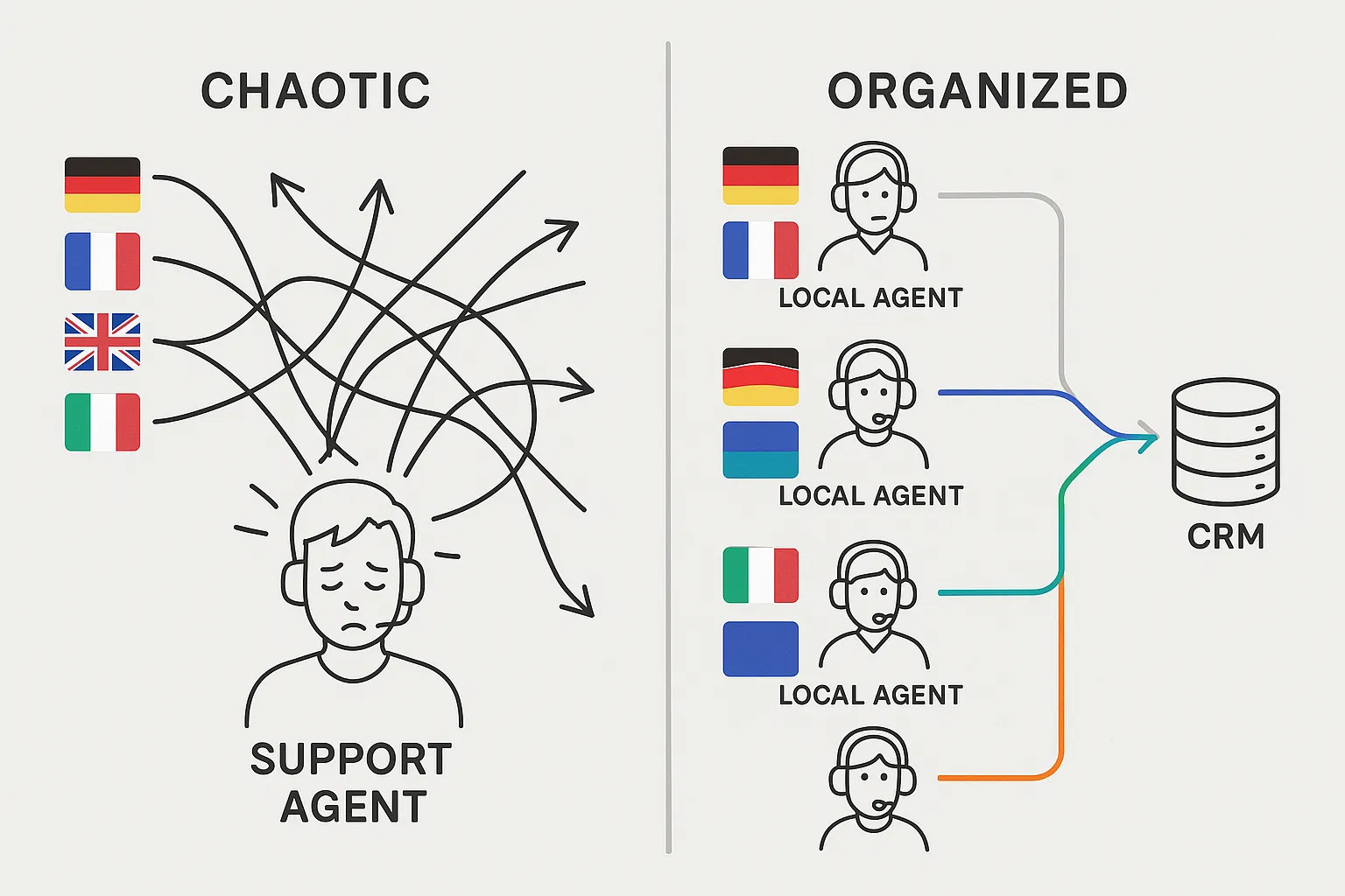 A side-by-side diagram showing the left side with chaotic arrows from multiple countries pointing at one overworked support agent, and the right side with clean, colored lanes routing each country’s leads to a dedicated local agent and a CRM database, illustrating an organized international support funnel.