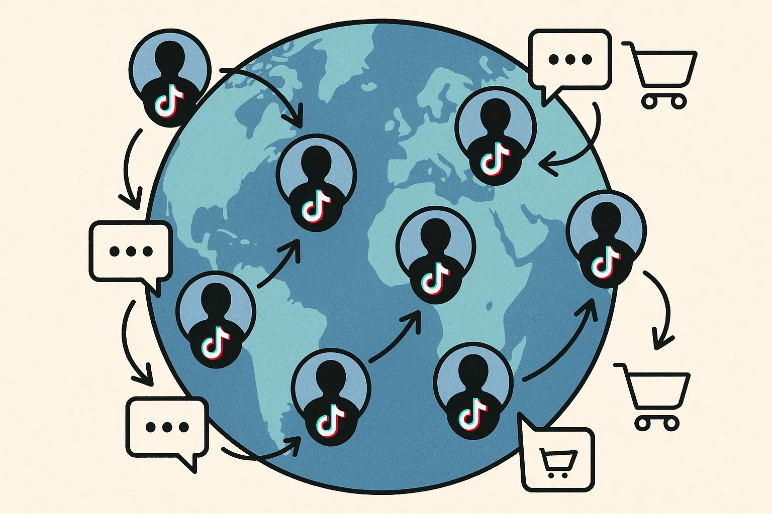An illustration of a globe with multiple TikTok profile icons placed over different countries. Each profile is connected by arrows to a corresponding chat bubble and shopping cart graphic, visualizing the journey from social comment to localized customer purchase.