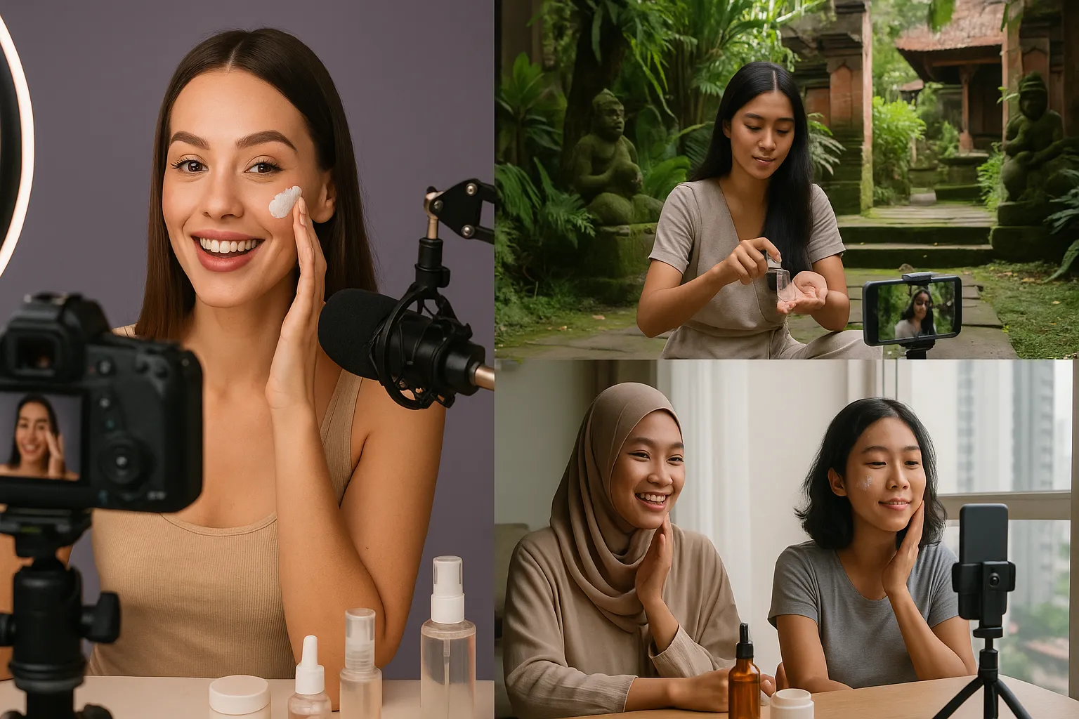 A split-screen image: on the left, a popular beauty macro influencer recording in a studio; on the right, several micro creators filming natural skincare routines in local Indonesian settings like a Balinese garden and a Jakarta apartment.