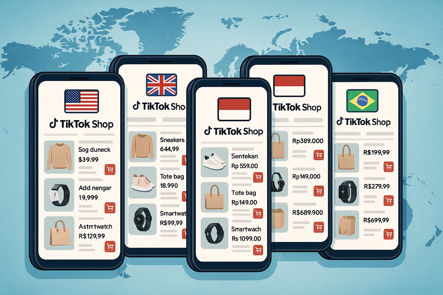 Composite illustration showing multiple smartphones, each displaying a localized TikTok Shop interface with country flags (USA, UK, Indonesia, Brazil) and product listings, overlaid on a map to symbolize global e-commerce reach.