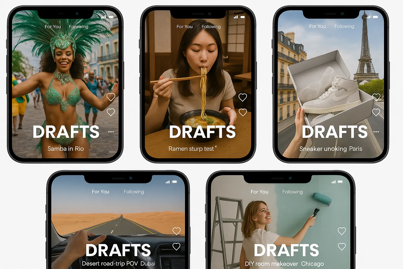 Five smartphone screens display TikTok drafts: samba dance in Rio, ramen slurp test in Tokyo, sneaker unboxing in Paris, desert road-trip POV in Dubai, and DIY room makeover in Chicago.