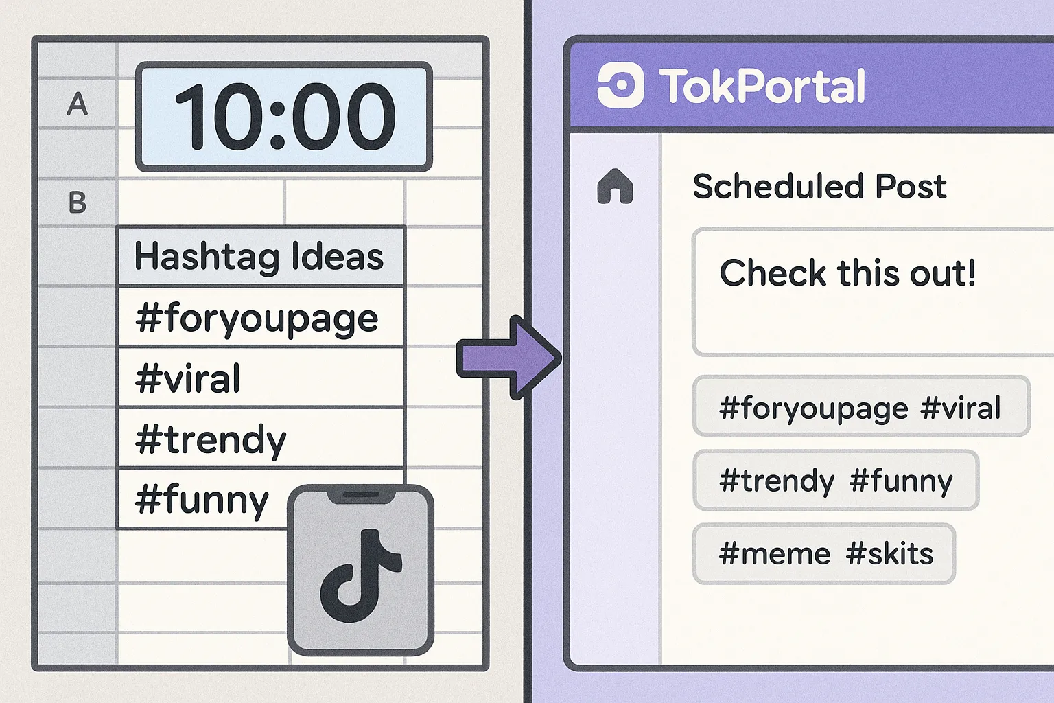 A split-screen illustration: left side shows a spreadsheet timer counting down from 10 minutes while hashtag ideas populate; right side shows TokPortal’s dashboard auto-inserting the tags into a scheduled TikTok post.