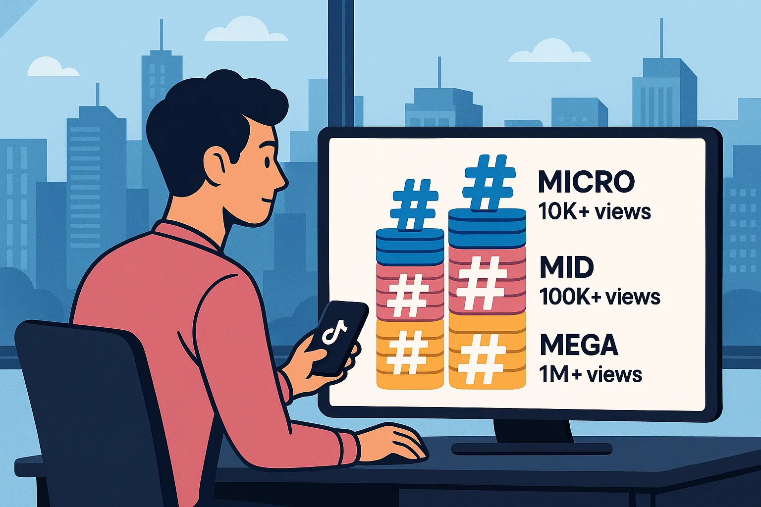 A TikTok marketer looking at a dashboard with three colorful hashtag tiers—Mega, Mid, Micro—labeled by view counts, with city skylines in the background, illustrating organized hashtag stacks for local targeting.