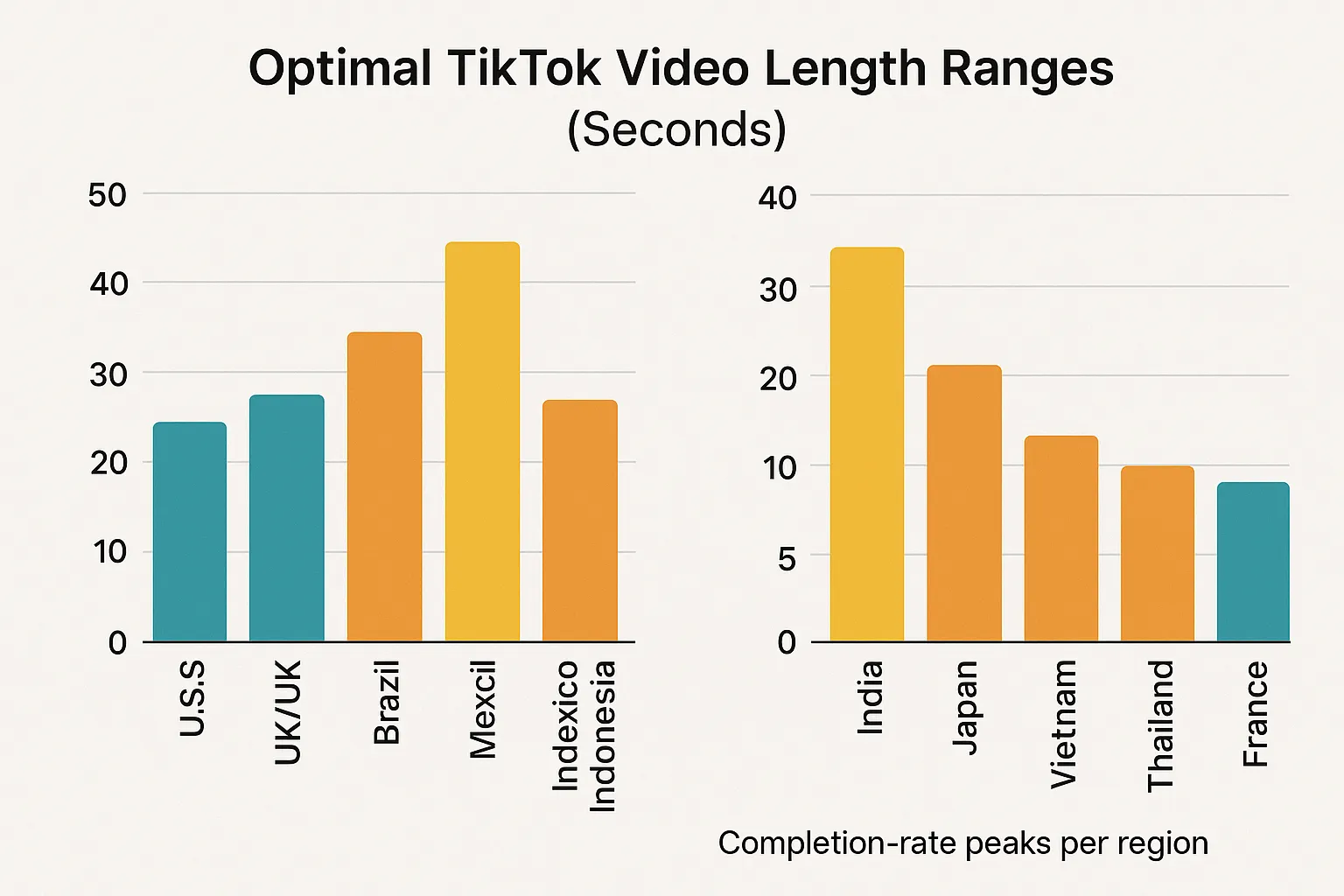 Side-by-side bar charts showing optimal TikTok video length ranges (in seconds) for 11 countries, illustrating USA/UK at ~25 s, Brazil/India near 40 s, and Japan around 20 s. Colors highlight completion-rate peaks per region.