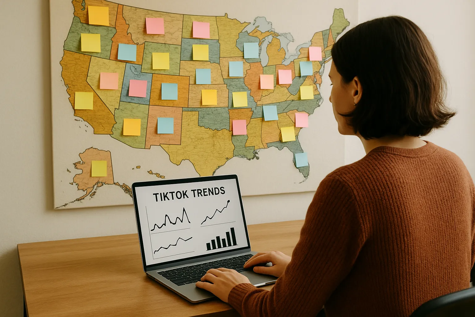 A content strategist sits in front of a large U.S. map marked with sticky notes for each state, while analysing TikTok trend graphs on a laptop.