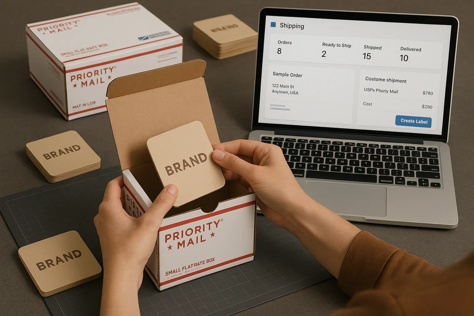Two hands packing branded product samples into small USPS domestic boxes on a workstation, with a laptop showing a shipping dashboard.