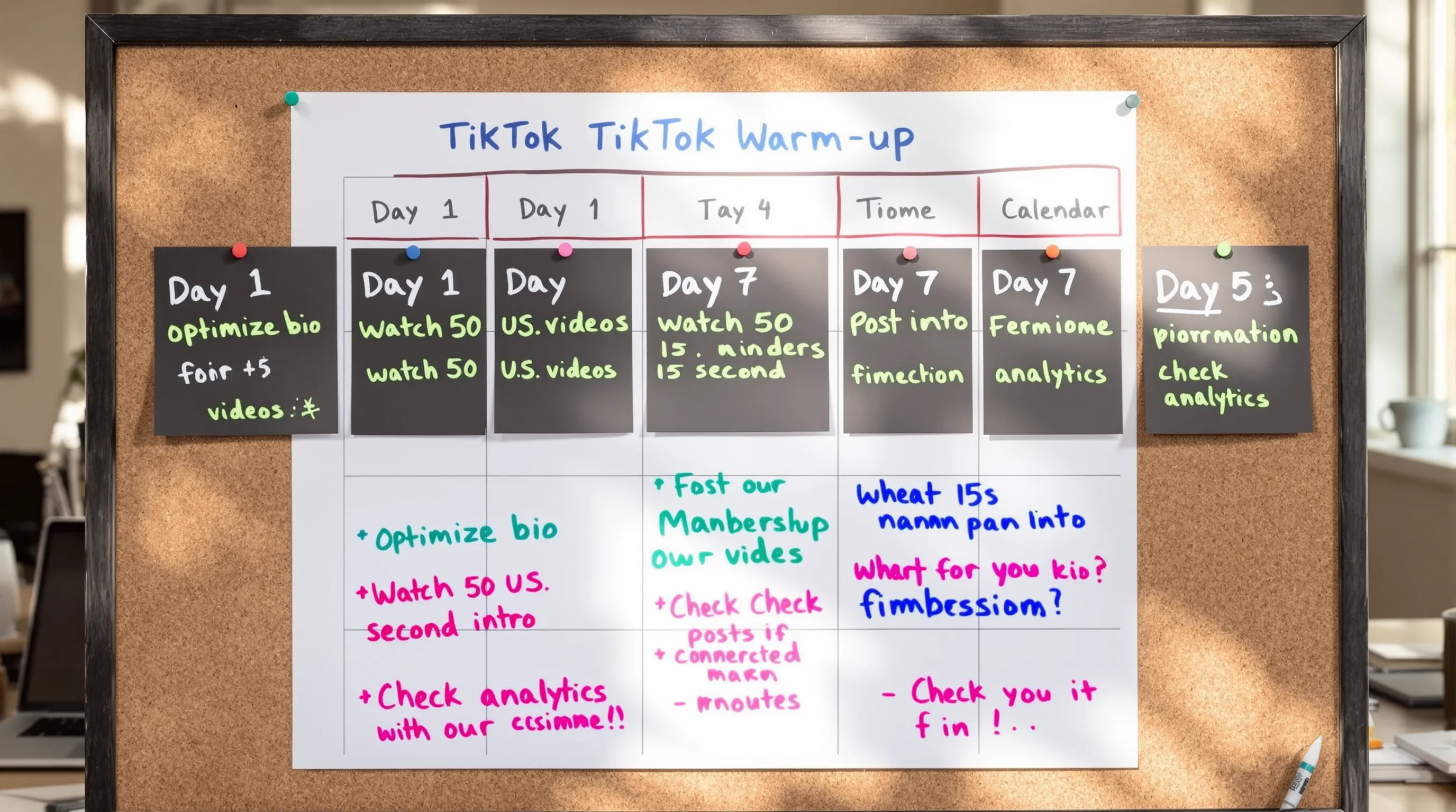 A weekly calendar pinned to a corkboard shows seven boxes labeled Day 1 through Day 7, each containing short TikTok warm-up tasks like “optimize bio,” “watch 50 U.S. videos,” “post 15-second intro,” and “check analytics,” in bright marker colors.