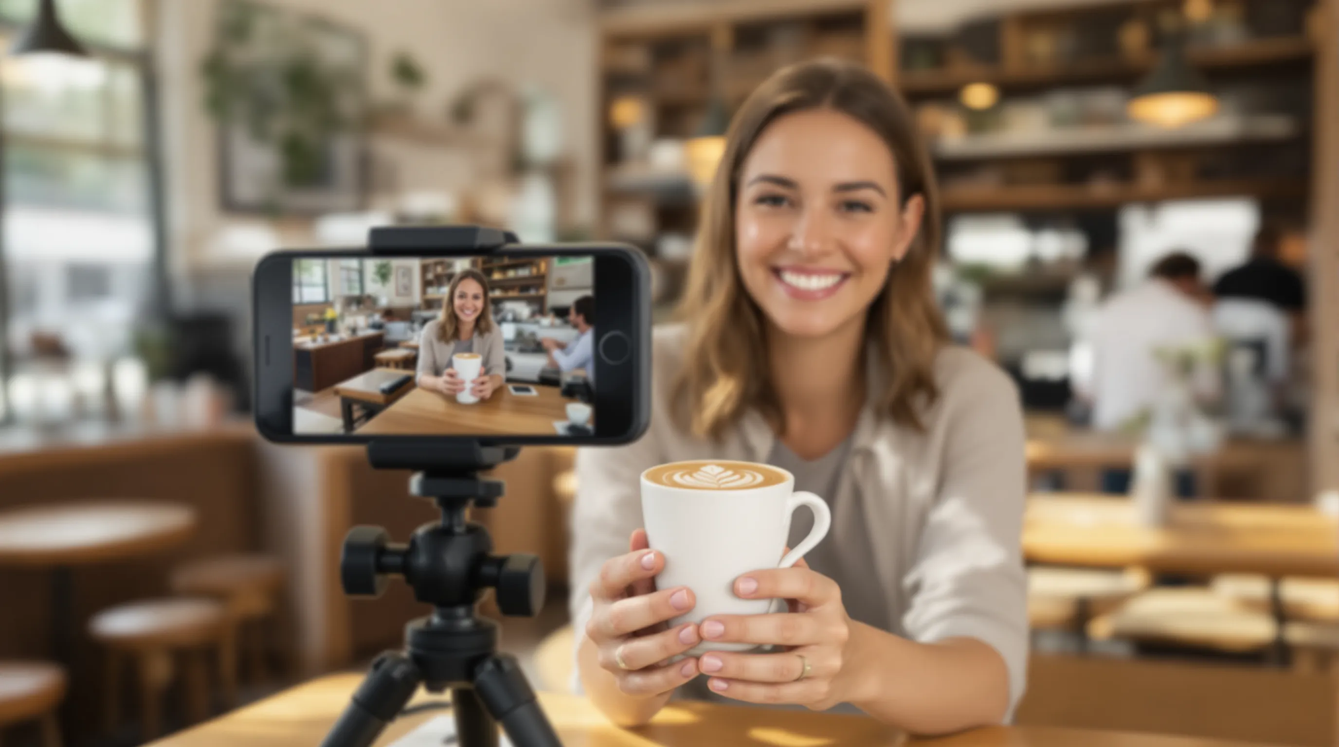 A creator smiles in front of a phone on a small tripod while holding a latte art pitcher; behind the phone, the café background is softly blurred, conveying authentic U.S. café vibes for a TikTok shoot.