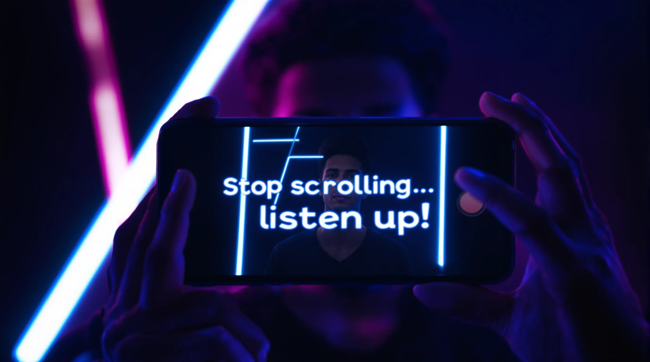 Close-up shot of a creator holding a phone toward the camera while recording a TikTok, with bold on-screen text “Stop scrolling—listen up.” Neon lighting suggests fast-paced social media energy.