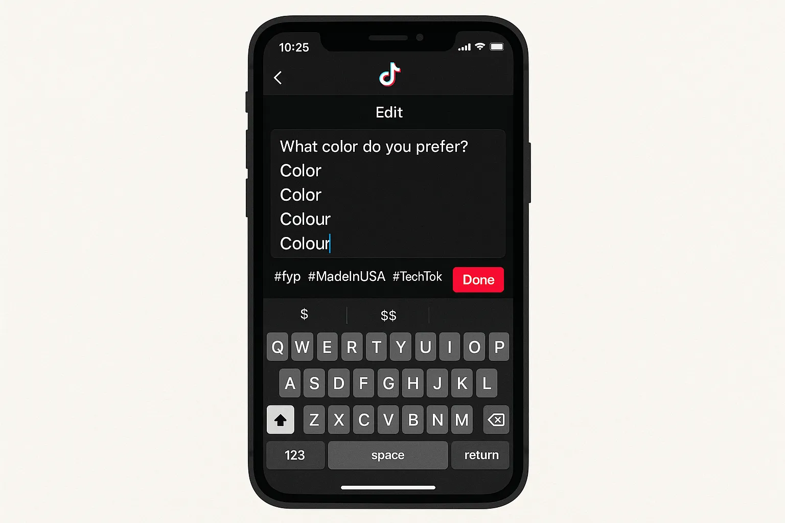 Illustration of a TikTok caption editor on a smartphone, showing American spelling choices, dollar signs, and a concise hashtag stack #fyp #MadeInUSA #TechTok.