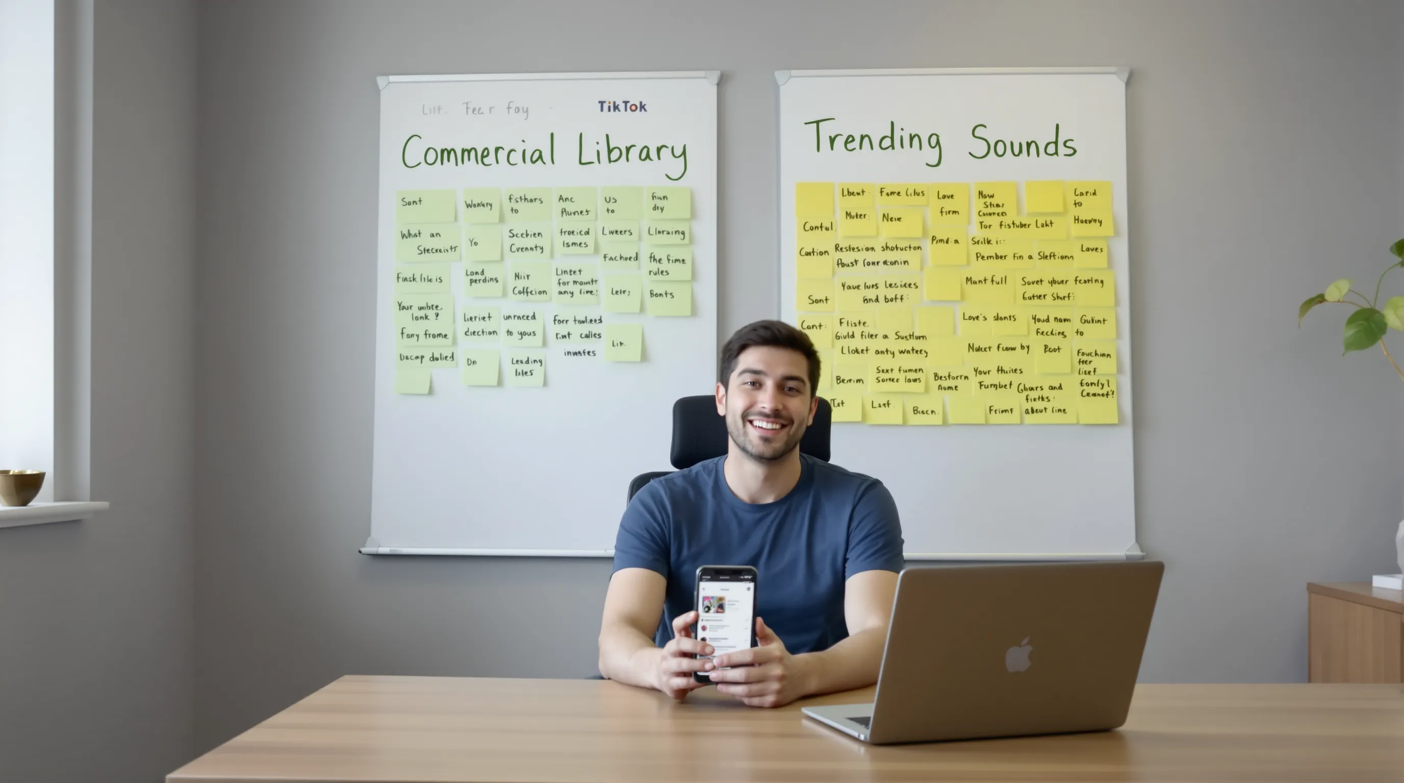 A social media manager in an office holds a smartphone displaying a TikTok timeline while examining two large sticky-note boards labeled “Commercial Library” and “Trending Sounds,” each listing song titles and usage rules.