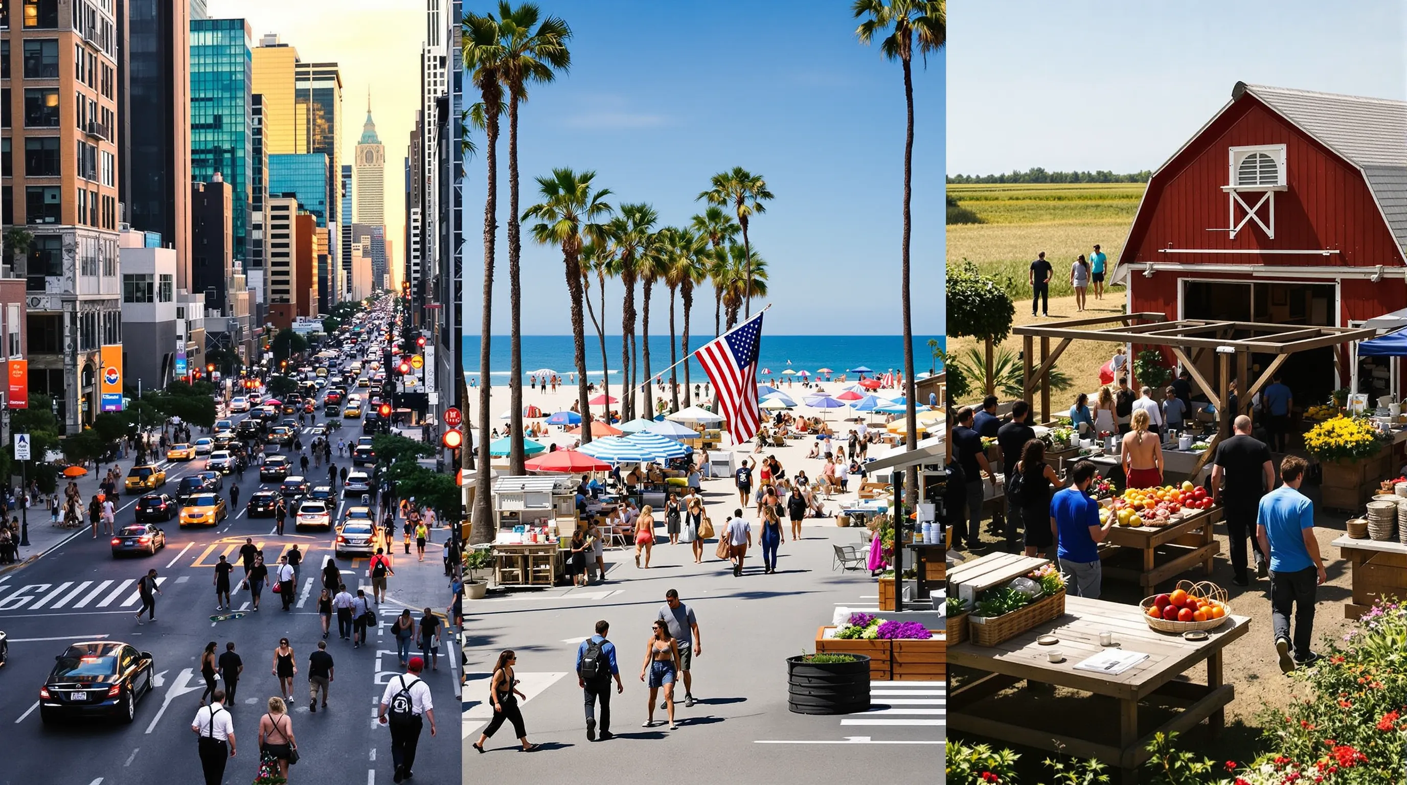Split-screen collage showing a vibrant New York City street scene, a sunny Los Angeles beach boardwalk with skaters, and a Midwestern farmers’ market to illustrate the visual contrast among America’s three content cultures.