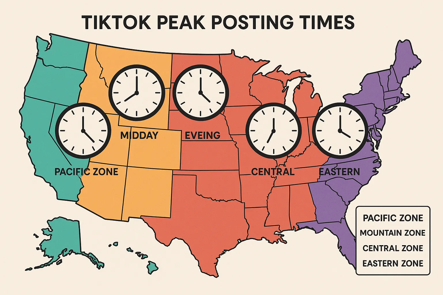 A stylized map of the United States showing four color-coded time zones, each overlaid with clock icons indicating optimal TikTok posting windows at midday and evening.