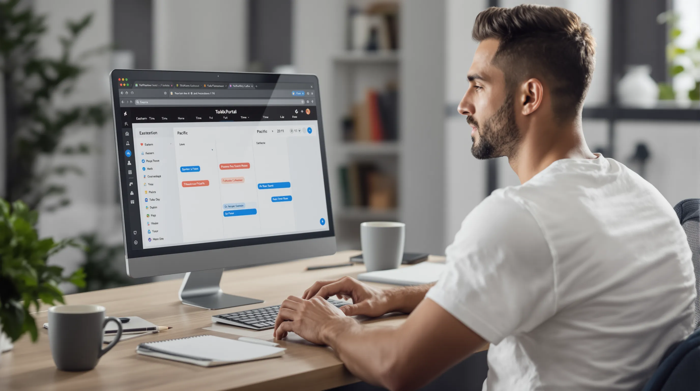 A content creator sits at a laptop scheduling TikTok posts in TokPortal, with a split-screen calendar displaying different time zones for Eastern and Pacific regions.
