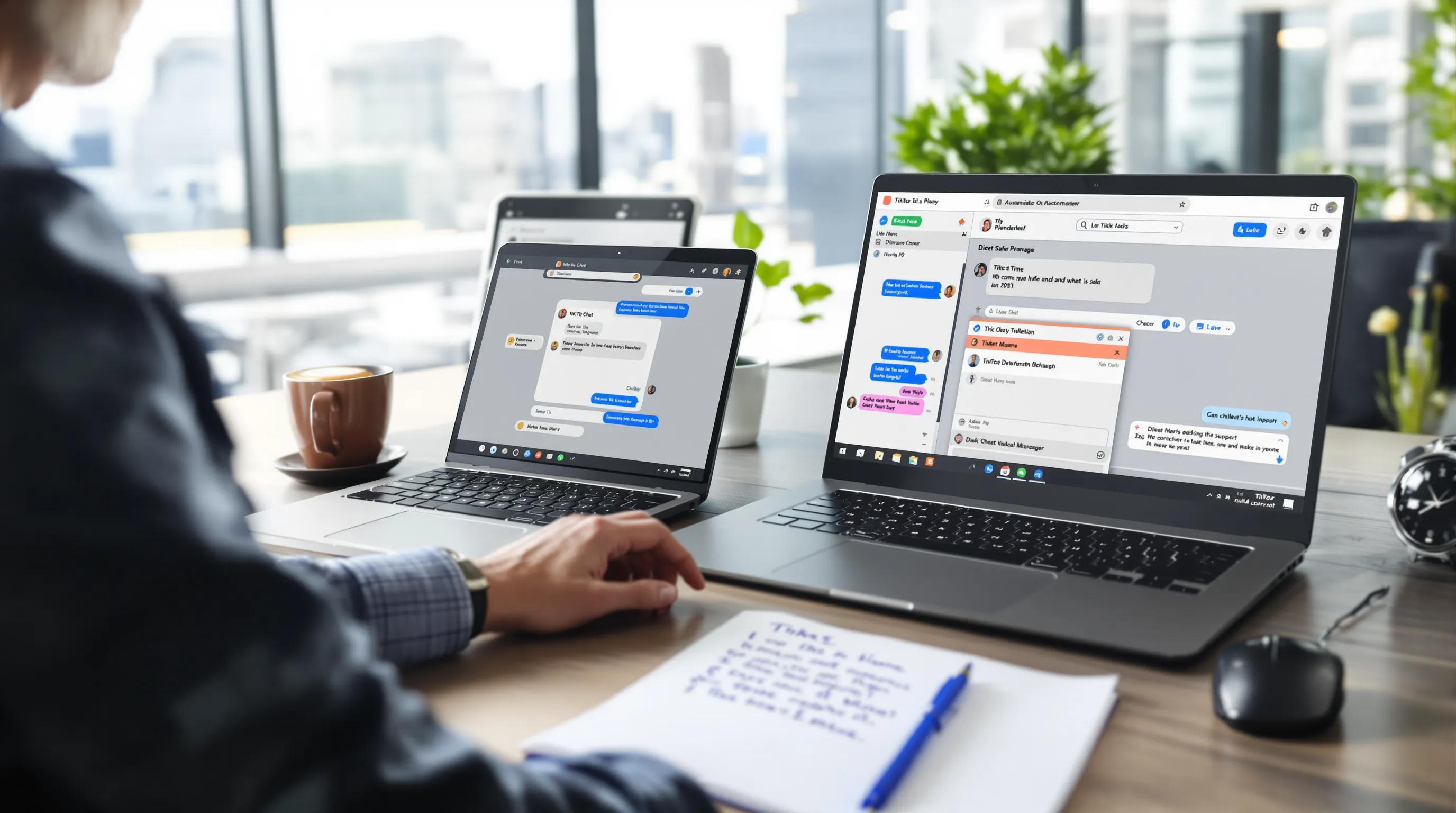 A marketer sits at a desk with two laptops open to TikTok Ads Manager live-chat and a notepad listing ticket numbers, while a clock on the wall shows time saved by direct chat support.