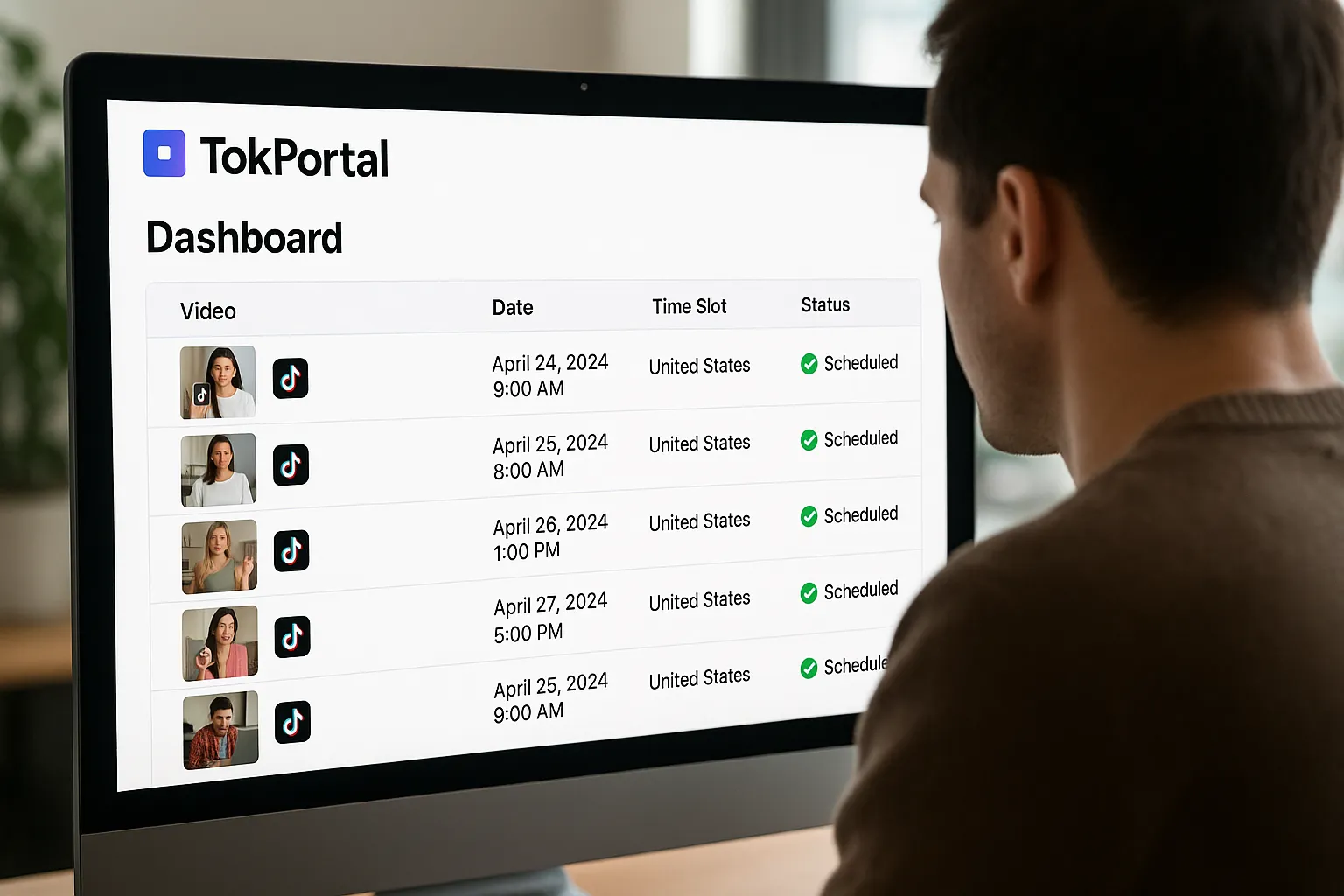 A marketer viewing a TokPortal dashboard that lists multiple TikTok videos queued for specific U.S. time slots, with green checks showing scheduled status.
