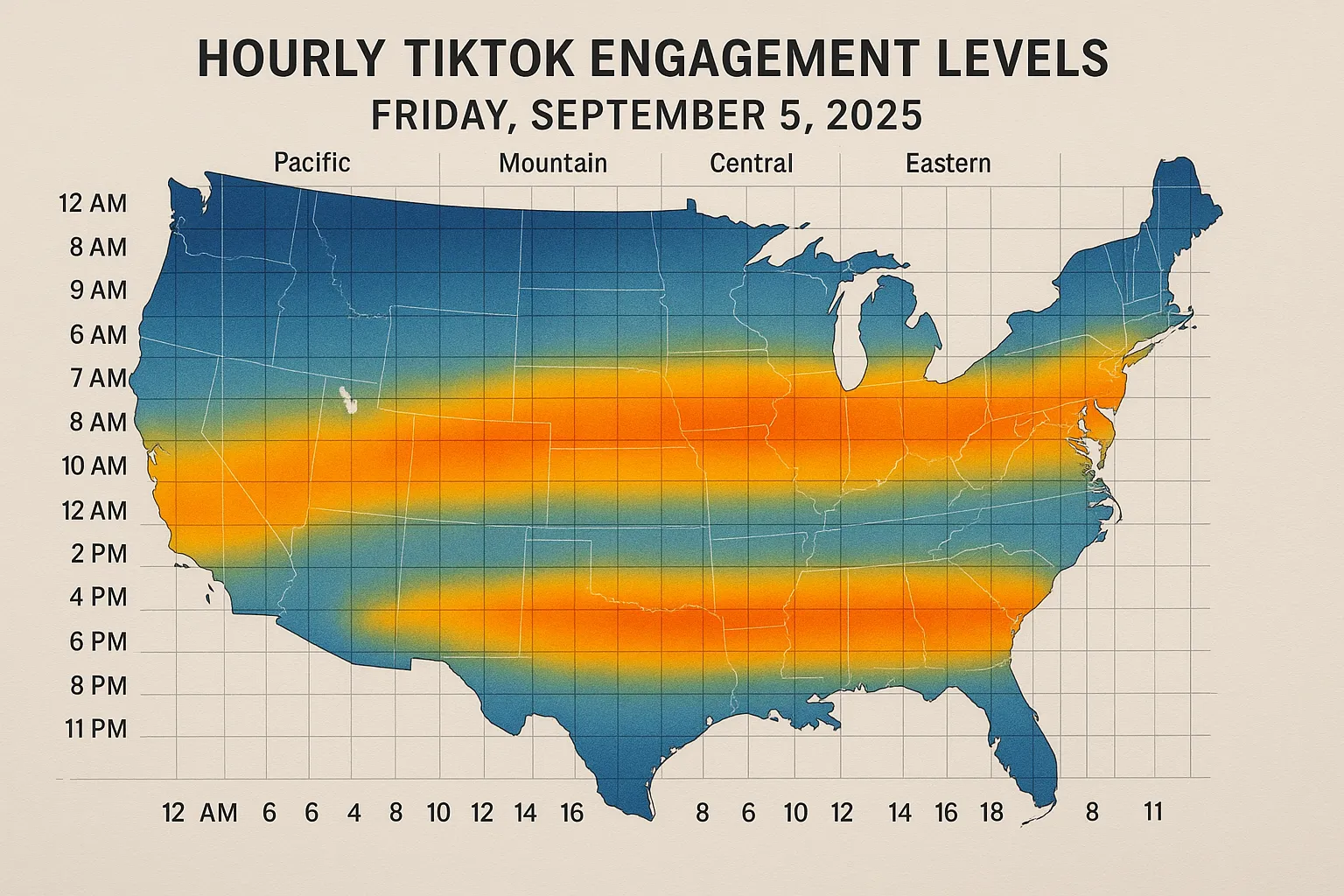 A vibrant heat map showing hourly TikTok engagement levels across the United States for Friday September 5 2025, with bright orange bands highlighting peak windows around 7 AM, noon, and 8 PM local time.