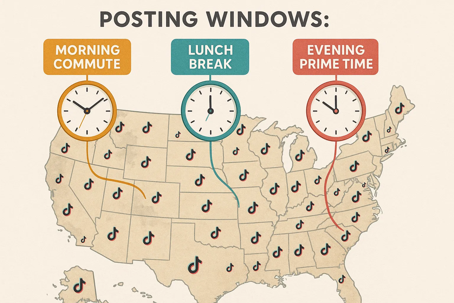 An illustrated U.S. map highlighting three posting windows—morning commute, lunch break, and evening prime time—each color-coded and connected to corresponding clocks, with subtle TikTok icons scattered across states.