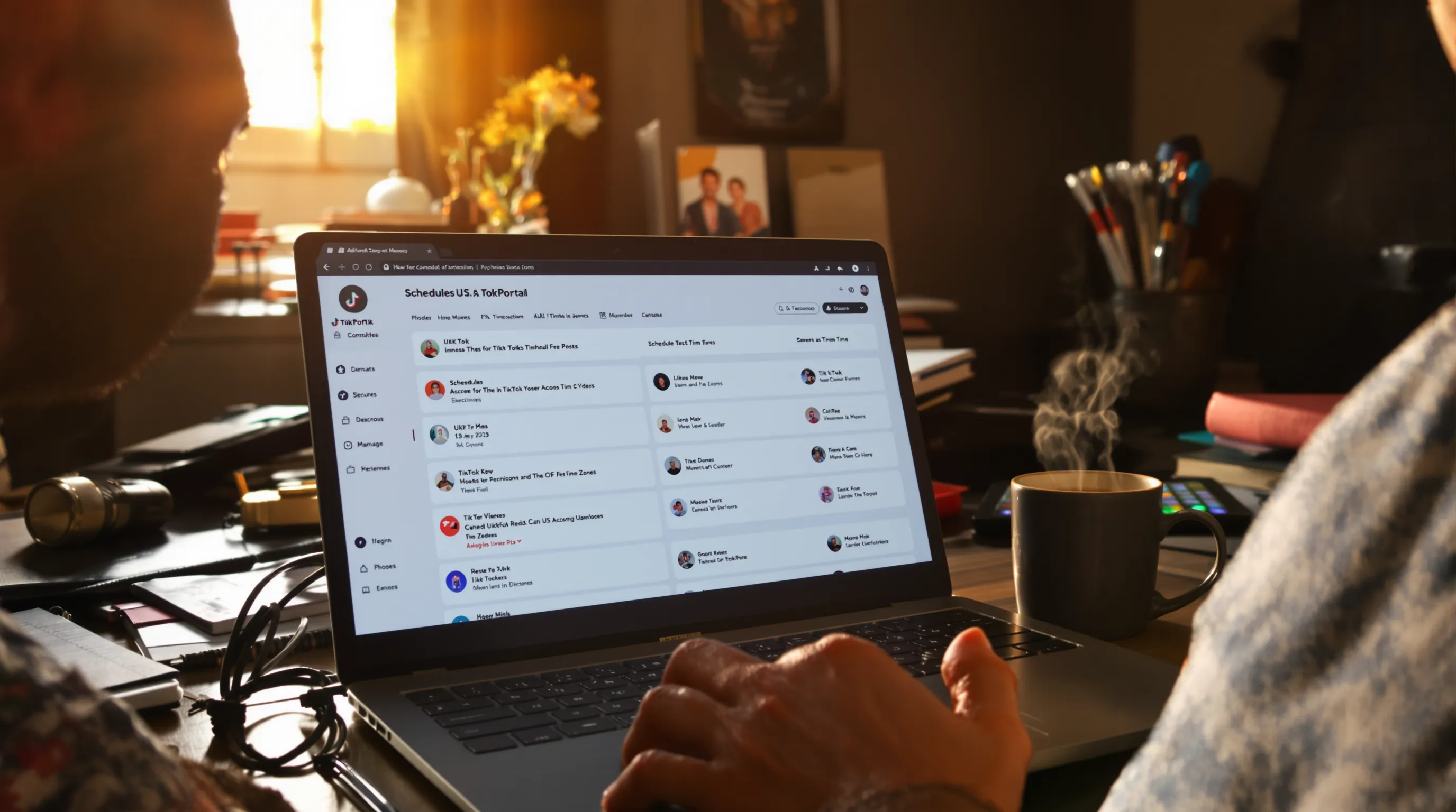 A creator sitting at a laptop in a dim room at sunrise, coffee mug steaming, as a TokPortal dashboard on screen shows scheduled TikTok posts lined up across U.S. time zones.